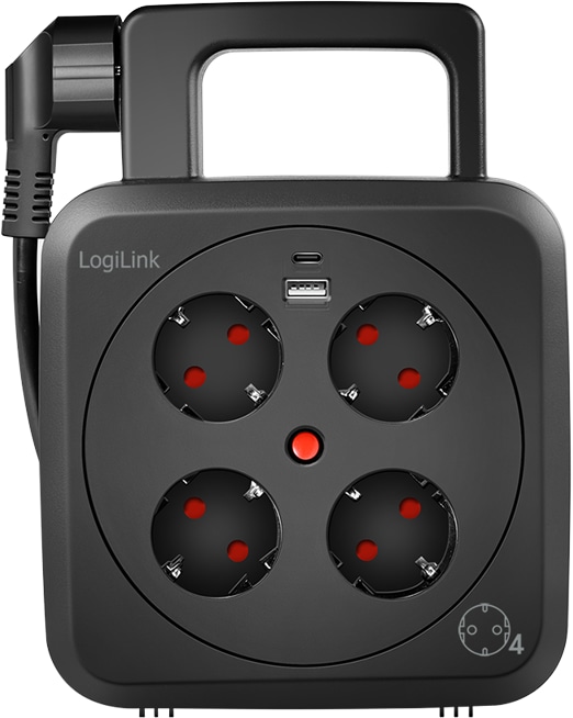 LOGILINK Kabeltrommel LPS504, 4-fach, 1x USB-A, 1x USB-C, 3000 W, 5 m 