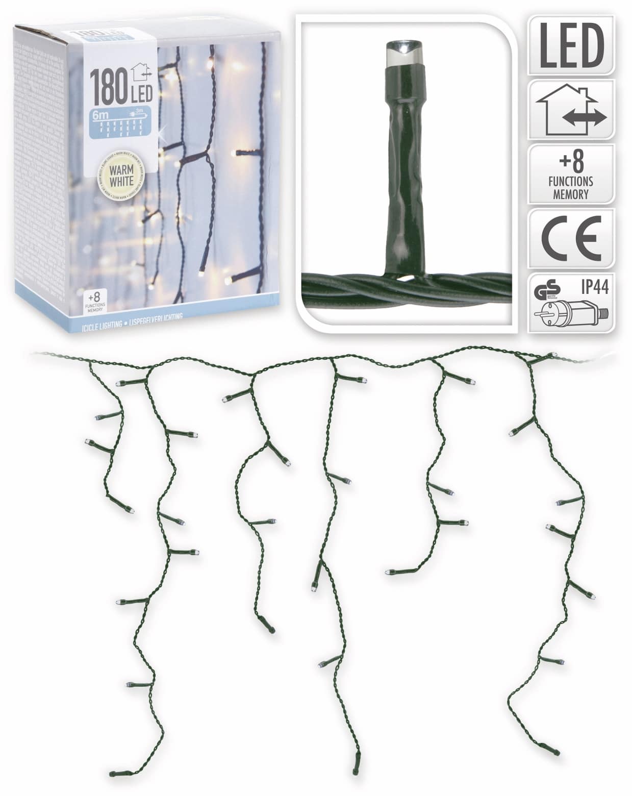 LED-Lichterkette Eiszapfen ,180 LEDs, 230 V~, IP 44, 8 Funktionen, Warmweiß