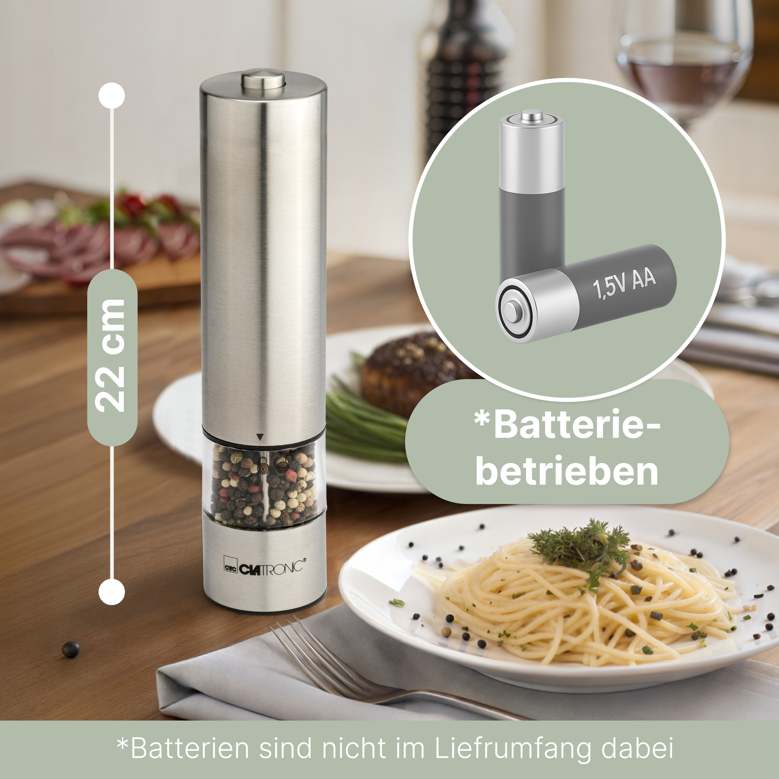 CLATRONIC Salz & Pfeffermühle PSM 3004 N, elektrisch, mit Licht, Karamik-Mahlwerk