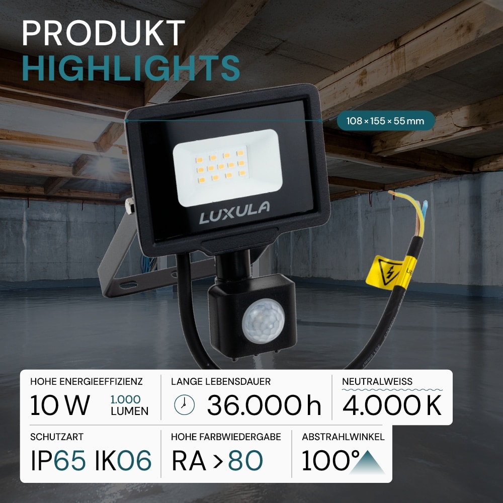 LUXULA LED-Fluter mit Bewegungsmelder, 10W, 1000lm, 4000K, Schwarz, IP65, 350° Erfassungsbereich LUXULA LED-Fluter mit Bewegungsmelder, EEK: F, 10W, 1000lm, 4000K, schwarz