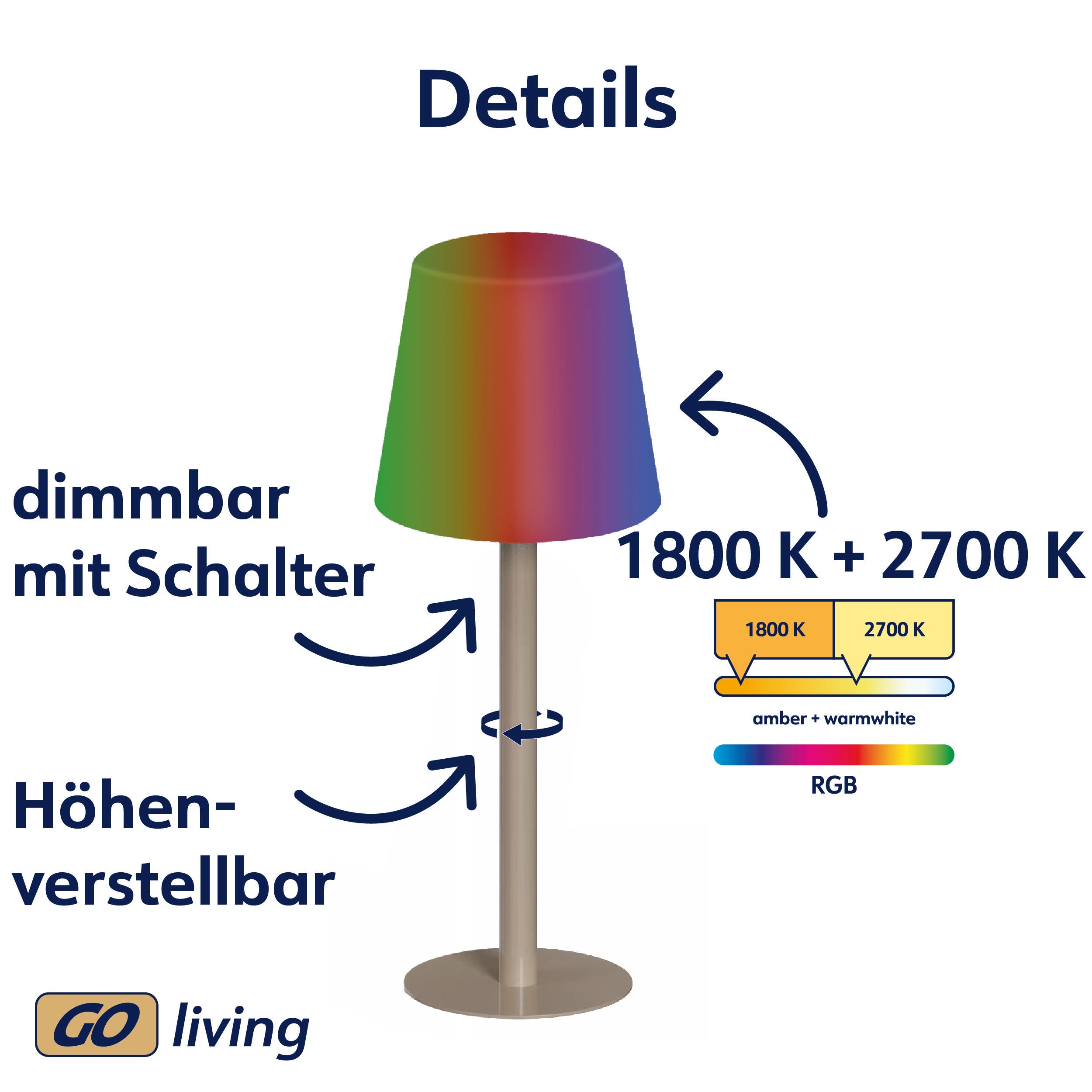 MÜLLER-LICHT LED-Akku-Tischleuchte PINE, 2W, 200lm, RGB + weiß, grau
