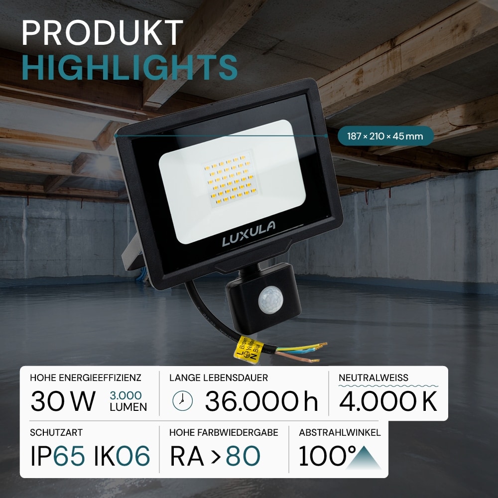 LUXULA LED-Fluter mit Bewegungsmelder, EEK: F, 30W, 3000lm, 4000K, IP65, schwarz LUXULA LED-Fluter mit Bewegungsmelder, EEK: F, 30W, 3000lm, 4000K, schwarz