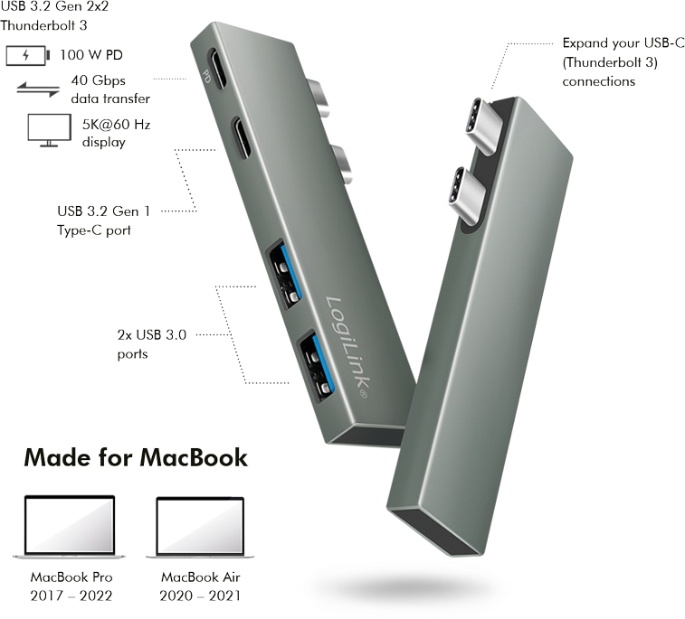 LOGILINK USB 3.2 Dockingstation UA0399, Gen2x2, 4-Port, PD, silber
