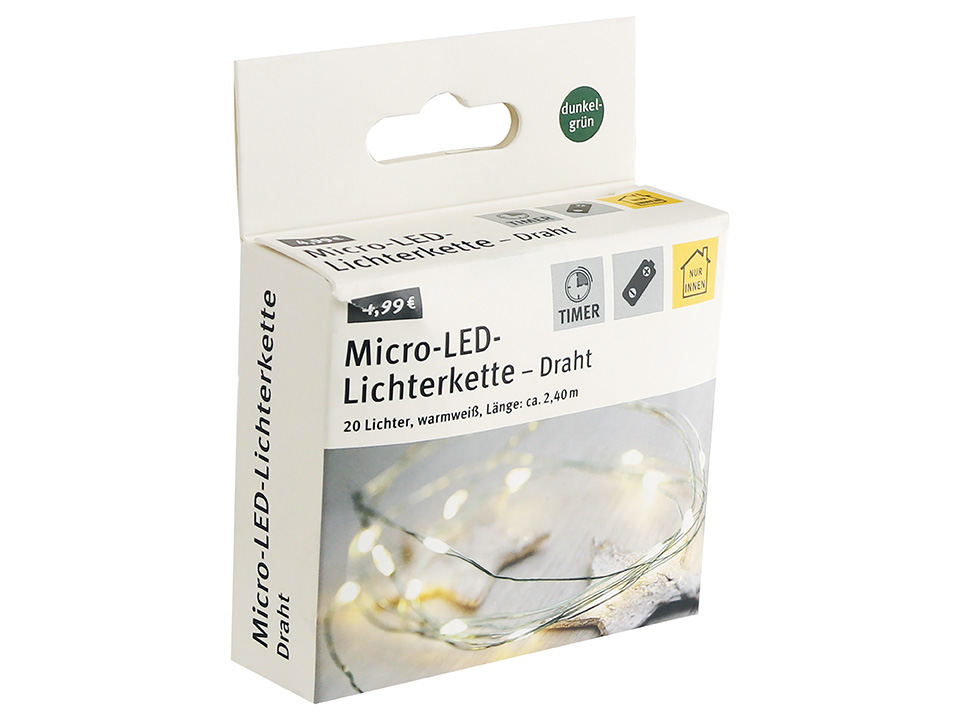 Micro-LED-Lichterkette, Dunkelgrün, 3V, warmweiß, 2,40m