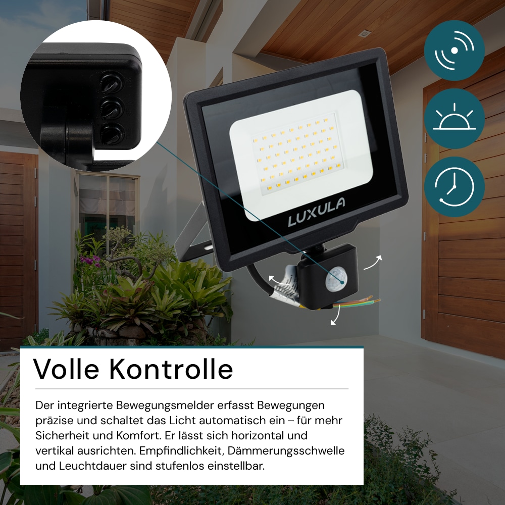 LUXULA LED-Fluter mit Bewegungsmelder, EEK: F, 50W, 5000lm, 4000K, schwarz