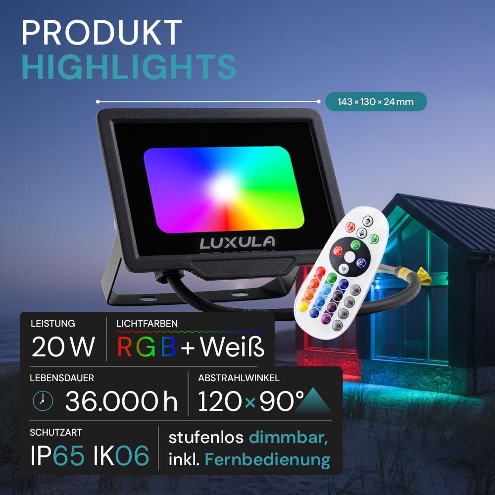 LUXULA RGB LED-Fluter LX400181, 20W, IP65, schwarz, mit Fernbedienung