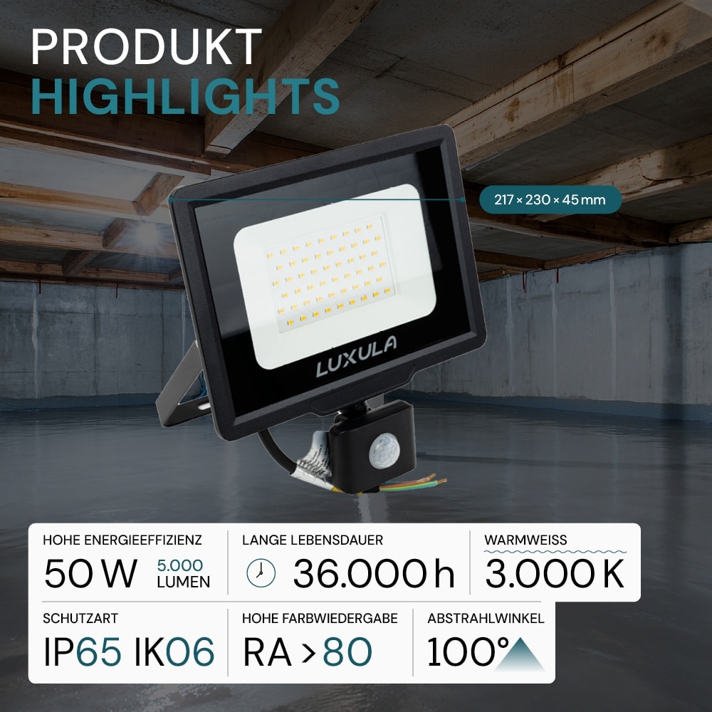 LUXULA LED-Fluter mit Bewegungsmelder, EEK: F, 50W, 5000lm, 3000K, schwarz LUXULA LED-Fluter mit Bewegungsmelder, EEK: F, 50W, 5000lm, 3000K, schwarz