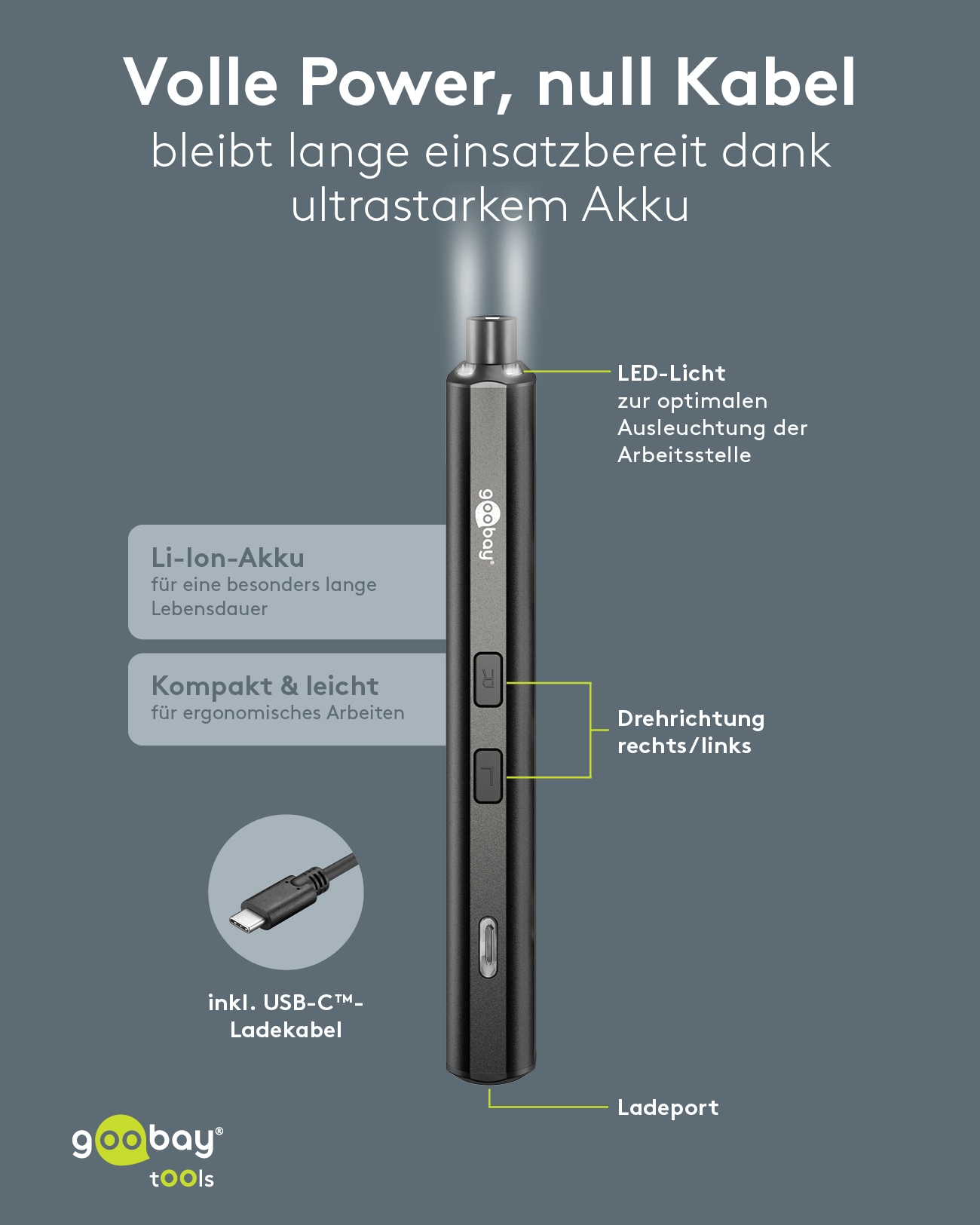 GOOBAY TOOLS Elektrischer Schraubendreher, 77838, mit 20-tlg. Präzisions-Bitsatz