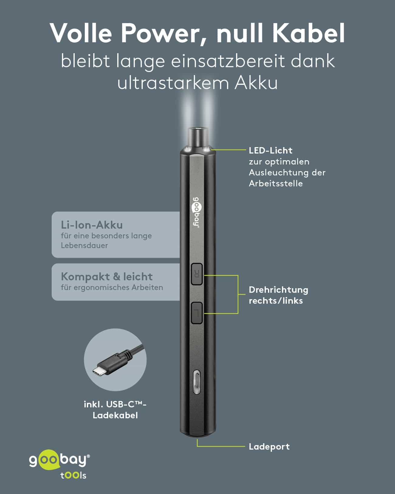 GOOBAY TOOLS Elektrischer Schraubendreher, 77838, mit 20-tlg. Präzisions-Bitsatz