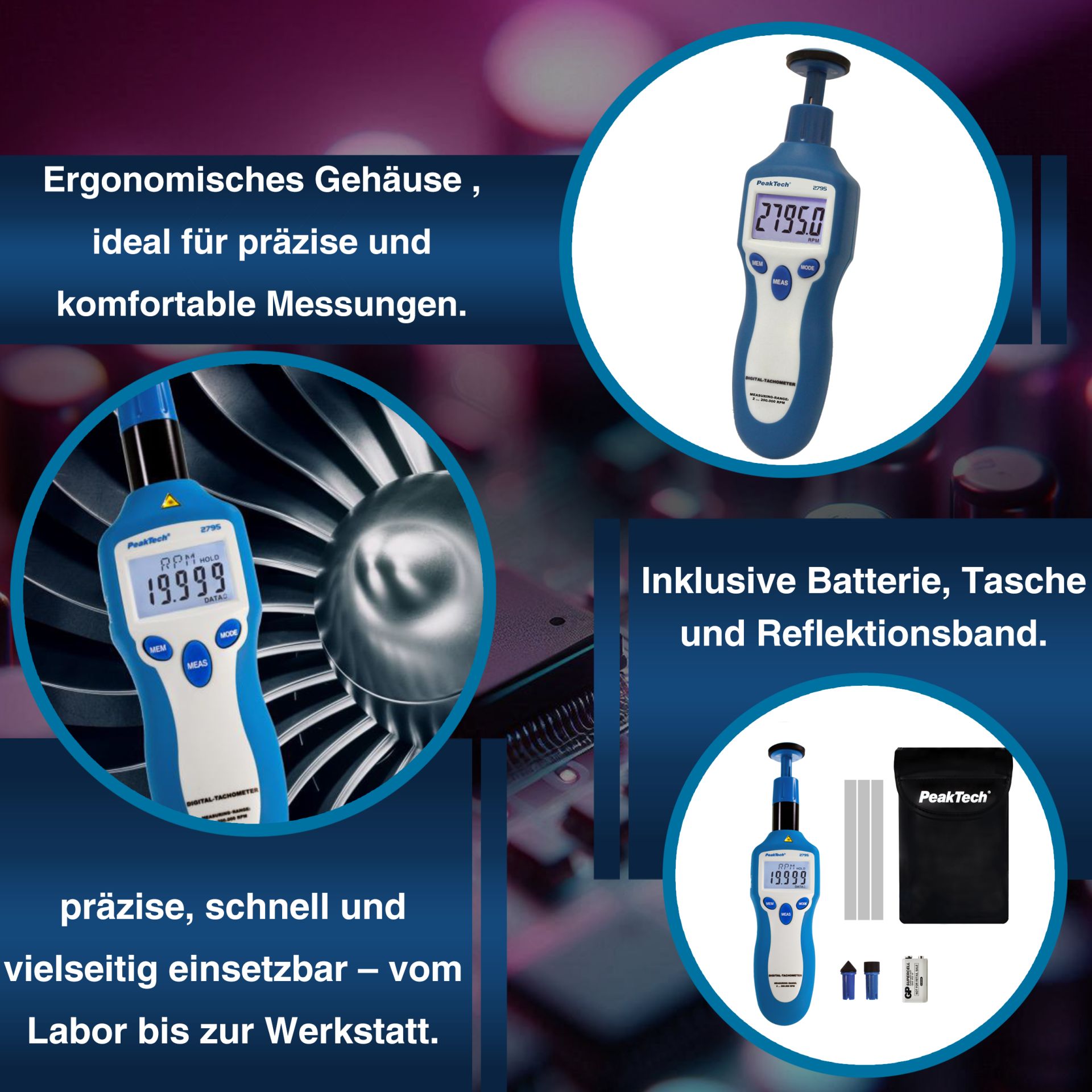 PEAKTECH Drehzahlmessgerät P 2795, Photo-Kontakt-Typ mit Laser