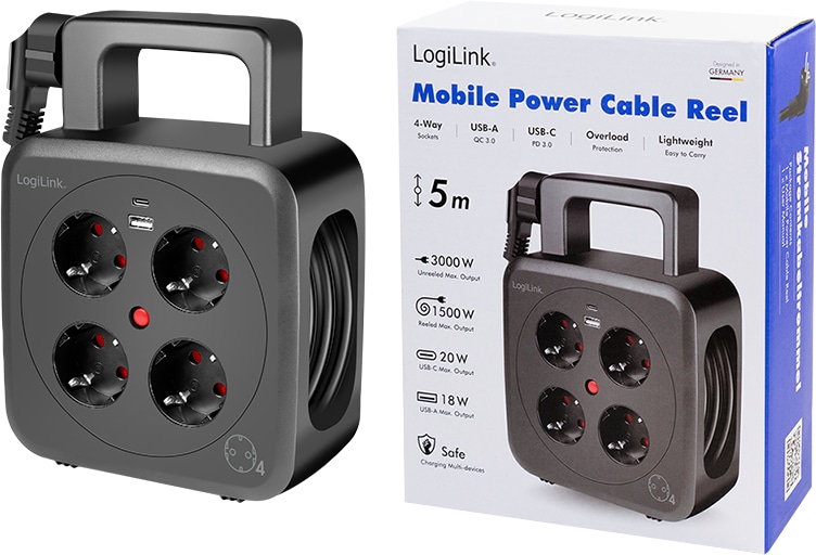 LOGILINK Kabeltrommel LPS504, 4-fach, 1x USB-A, 1x USB-C, 3000 W, 5 m