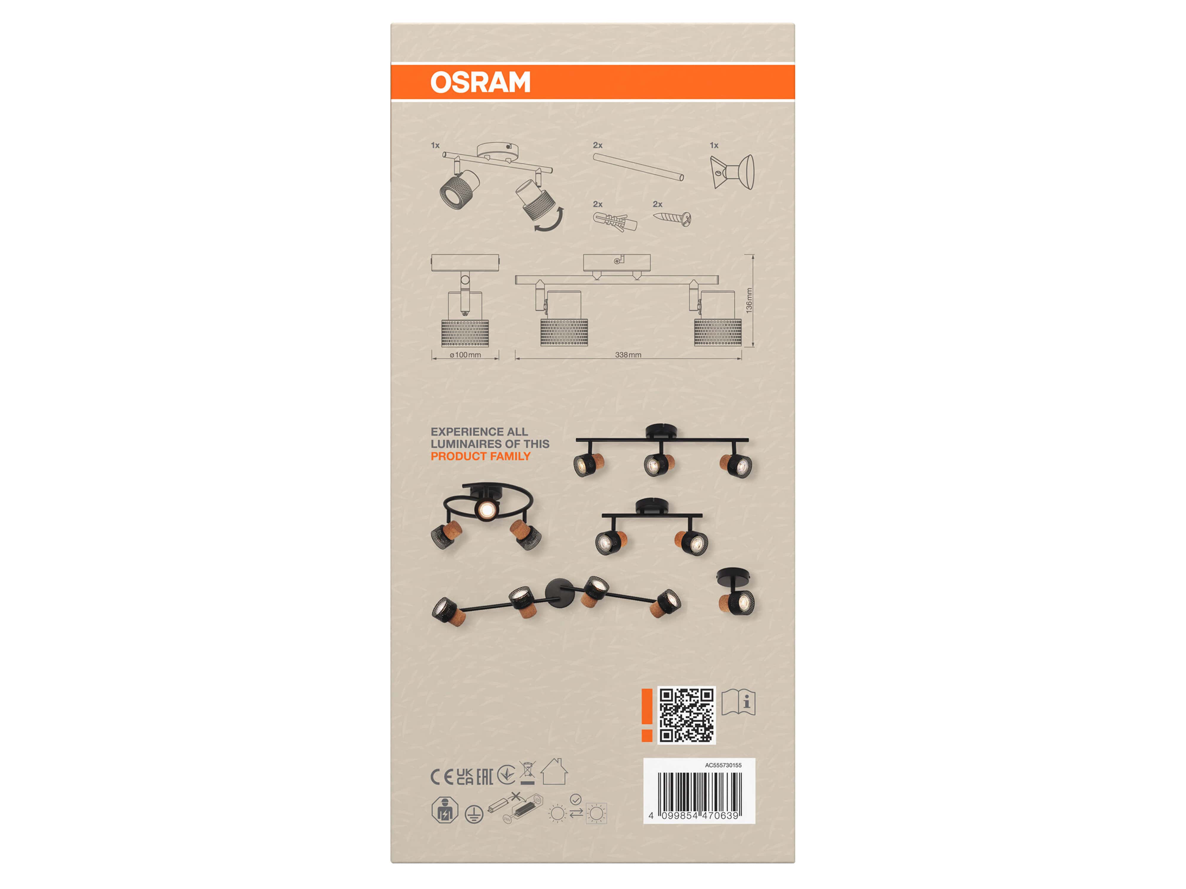 OSRAM LED-Deckenleuchte, GU10, 6,8 W, 460 lm, 2700 K, 2-Spot-Leuchte, dimmbar