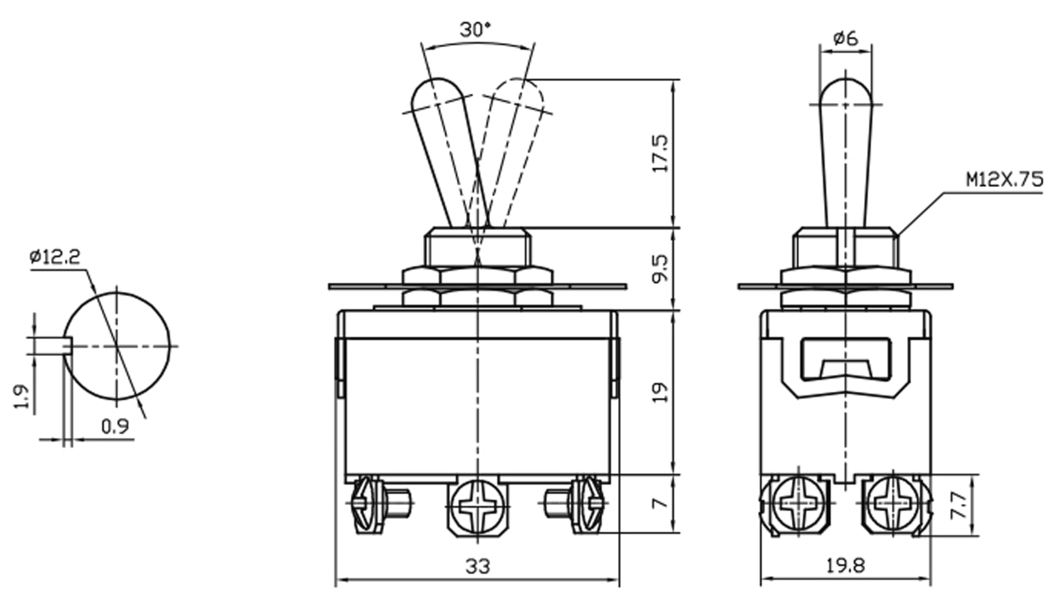 Kippschalter KN3(C)-223A, tastend, 2-polig, (ON)/OFF/(ON)