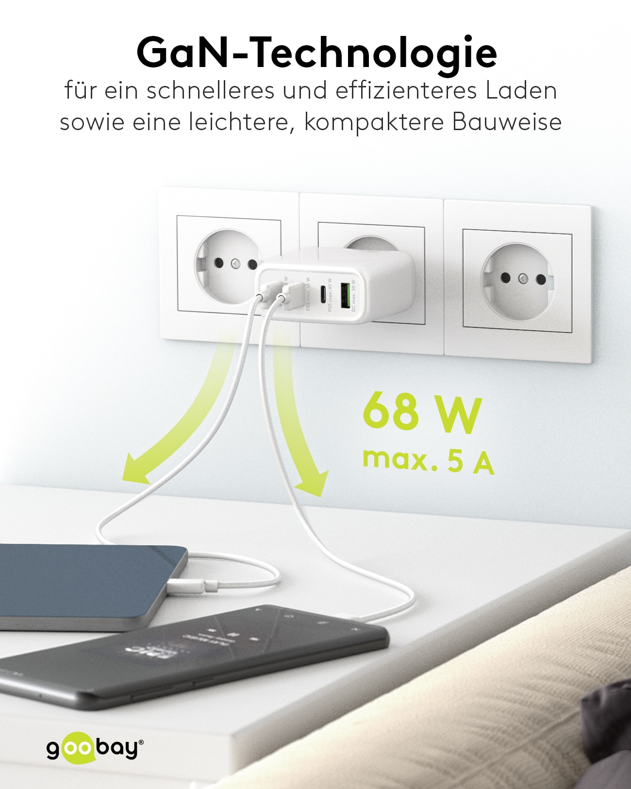GOOBAY USB-Lader 64822, 68 W, 4-fach, 3x C PD, 1x A QC GaN