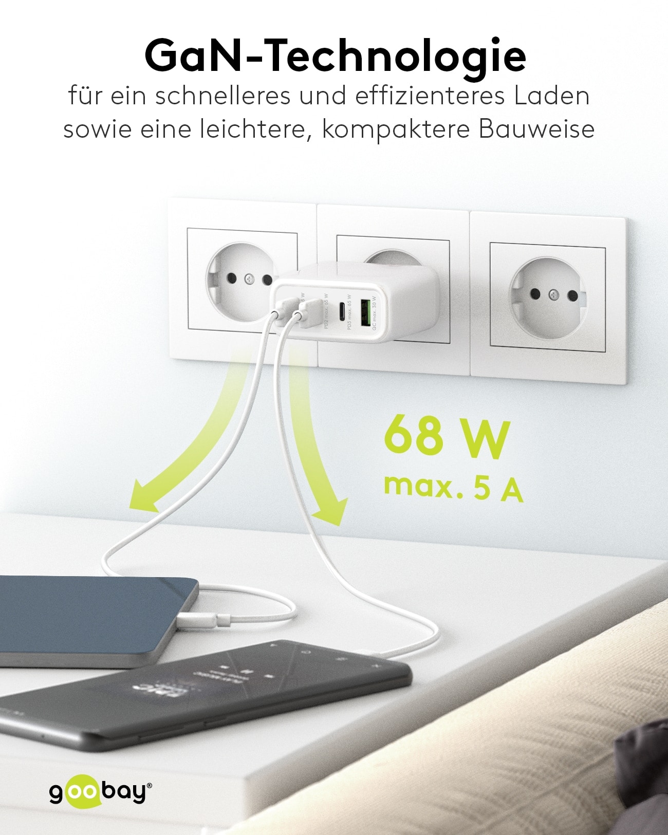 GOOBAY USB-Lader 64822, 68 W, 4-fach, 3x C PD, 1x A QC GaN GOOBAY USB-Lader 64822, 68 W, 4-fach, 3x C PD, 1x A QC GaN