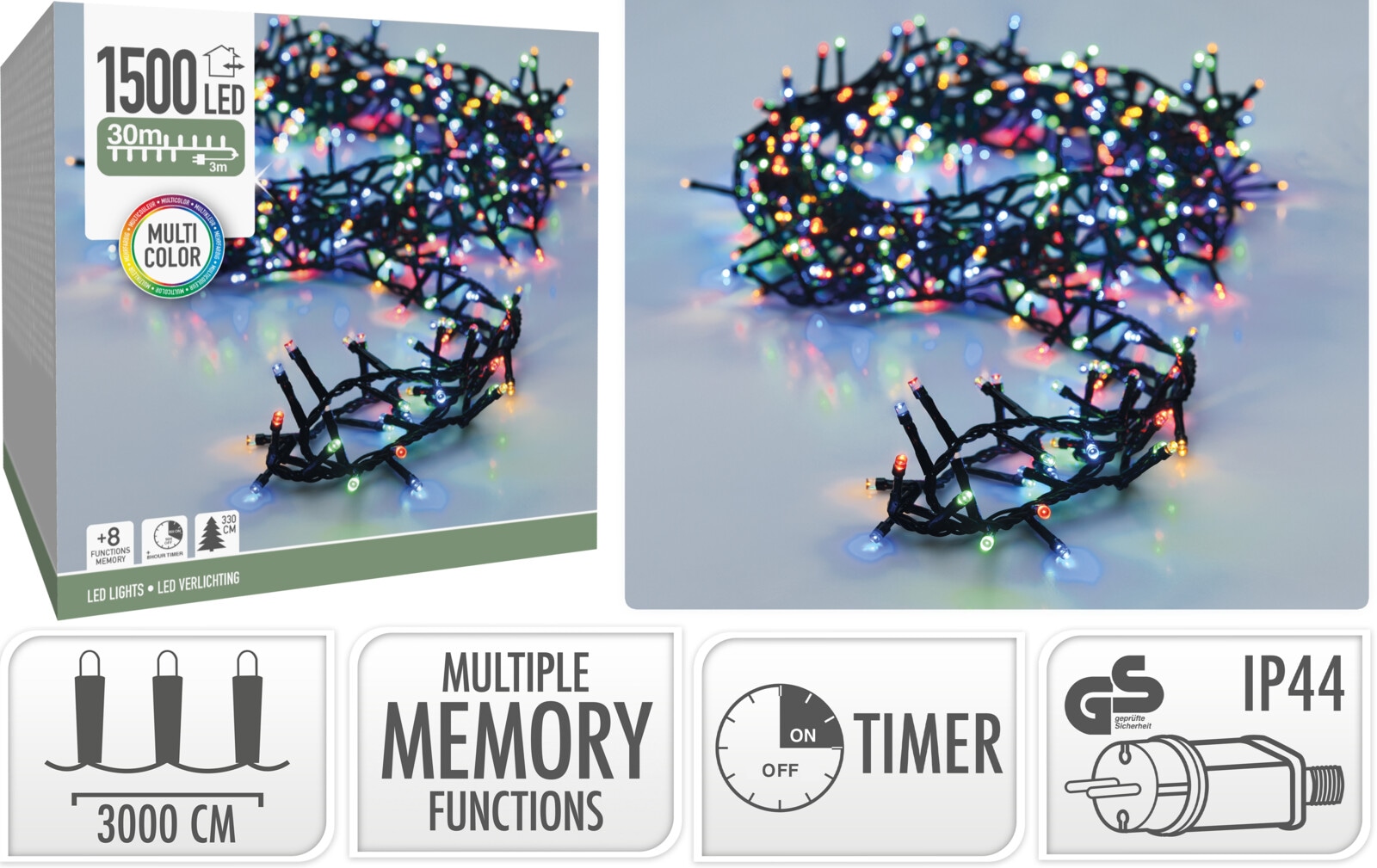LED-Clusterlichterkette bunt, 1500 LEDs, Grünes Kabel, Innen/Außen, 30 m