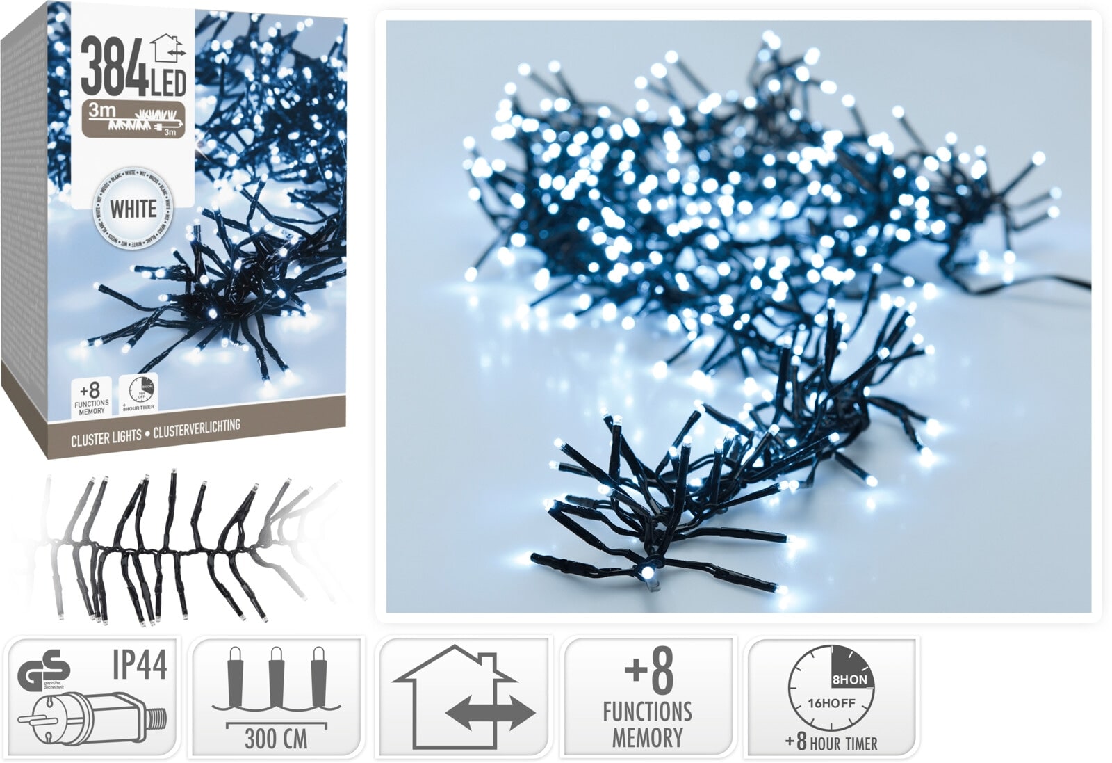 LED-Clusterlichterkette Büschel kaltweiß, 384 LEDs, sw Kabel, Innen/Außen, 6m KOOPMAN LED-Clusterlichterkette Büschel kaltweiß, 384 LEDs, sw Kabel, Innen/Außen, 6m
