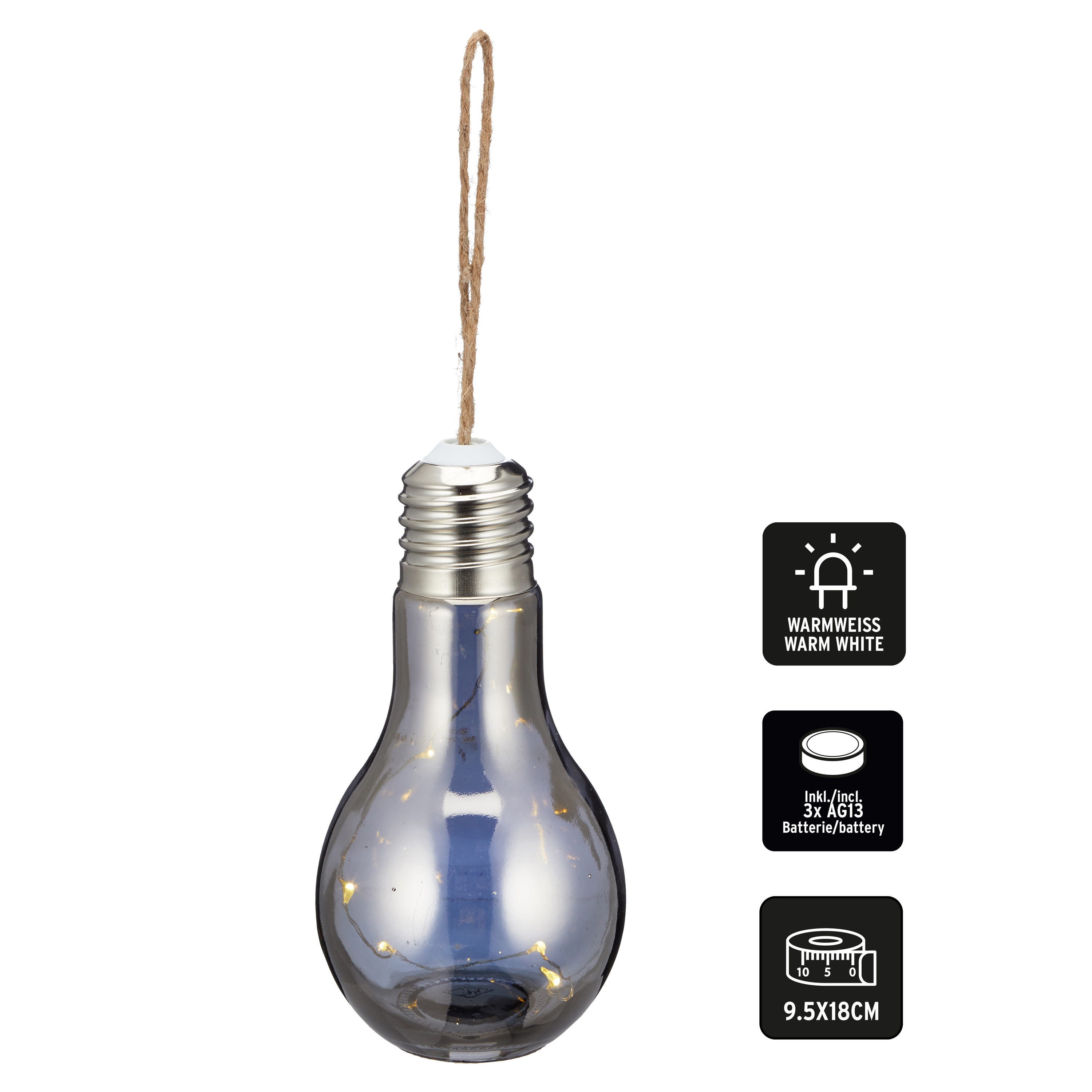 LED-Birne mit Hanfkordel, 5 LEDs, 18 cm, grau, warmweiß, batteriebetrieben