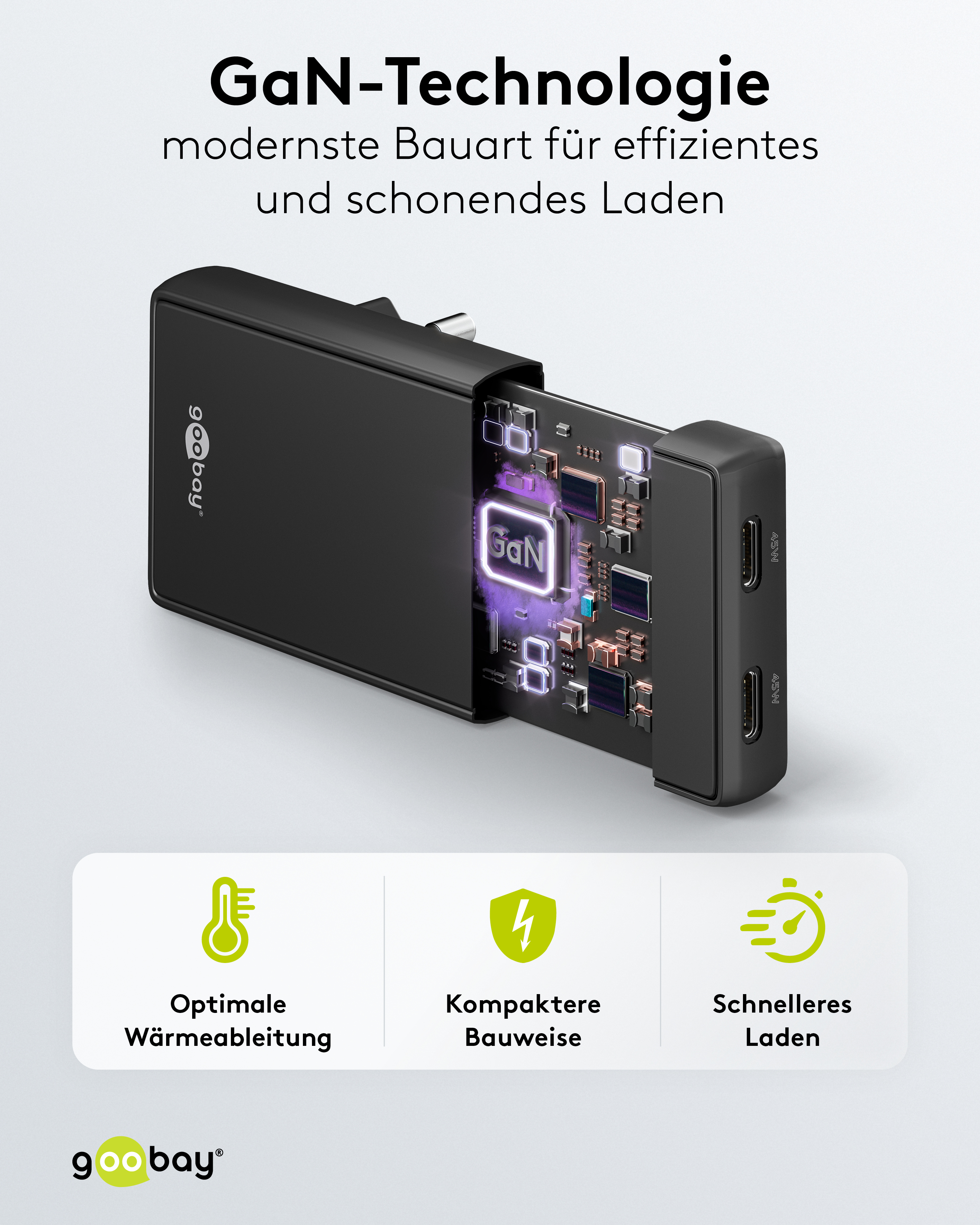 GOOBAY Dual-Schnelladegeräte, 45W, 2x USB-C, 90° abgewickelt, flach, schwarz