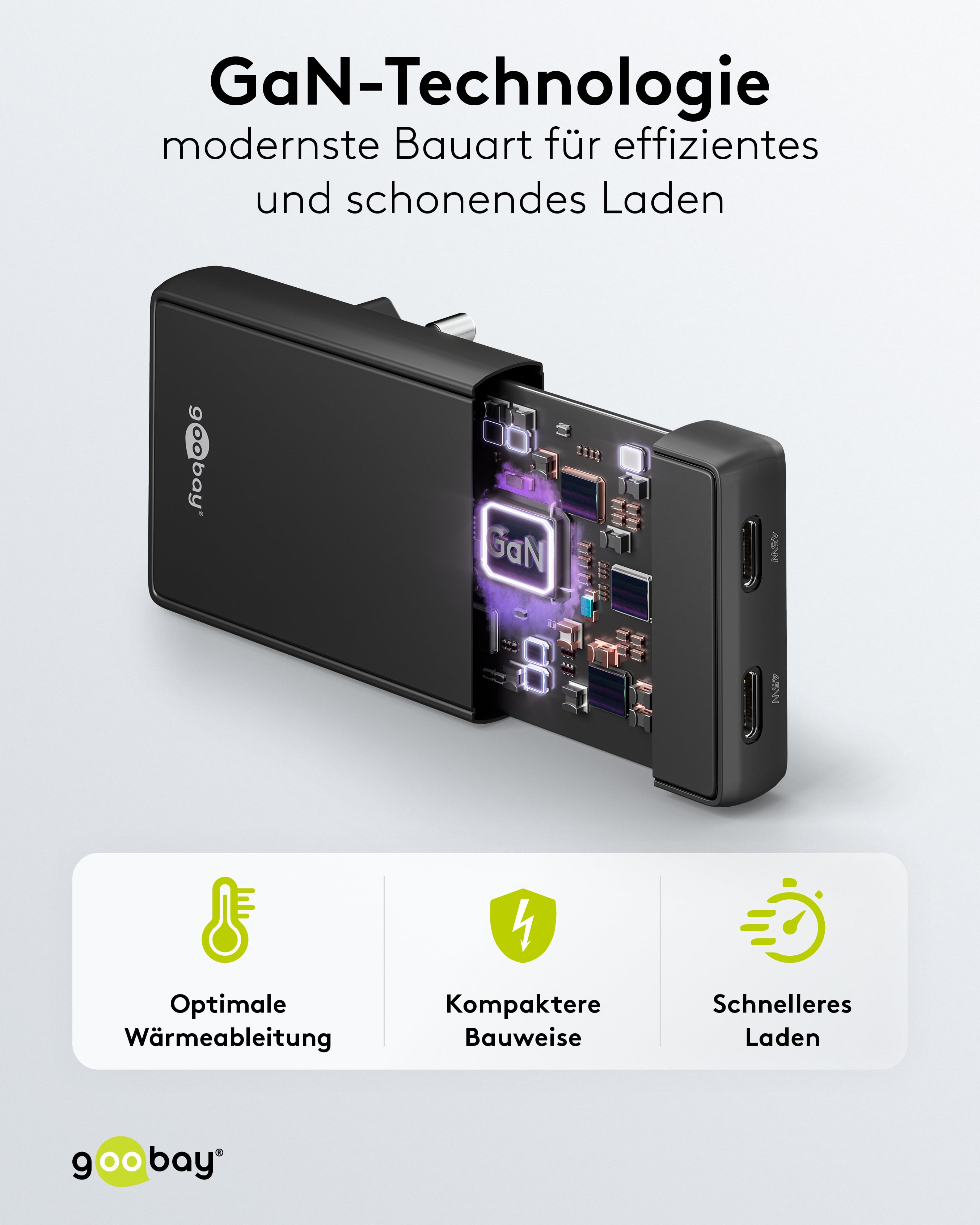 GOOBAY Dual-Schnelladegeräte, 45W, 2x USB-C, 90° abgewickelt, flach, schwarz