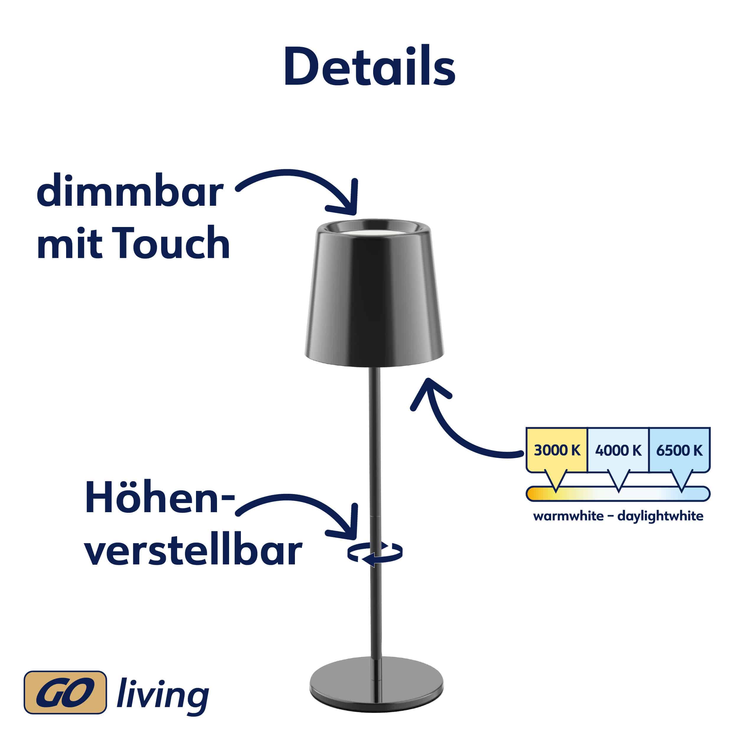 MÜLLER-LICHT LED-Akku-Tischleuchte Holly, 3 W, 300 lm, schwarz