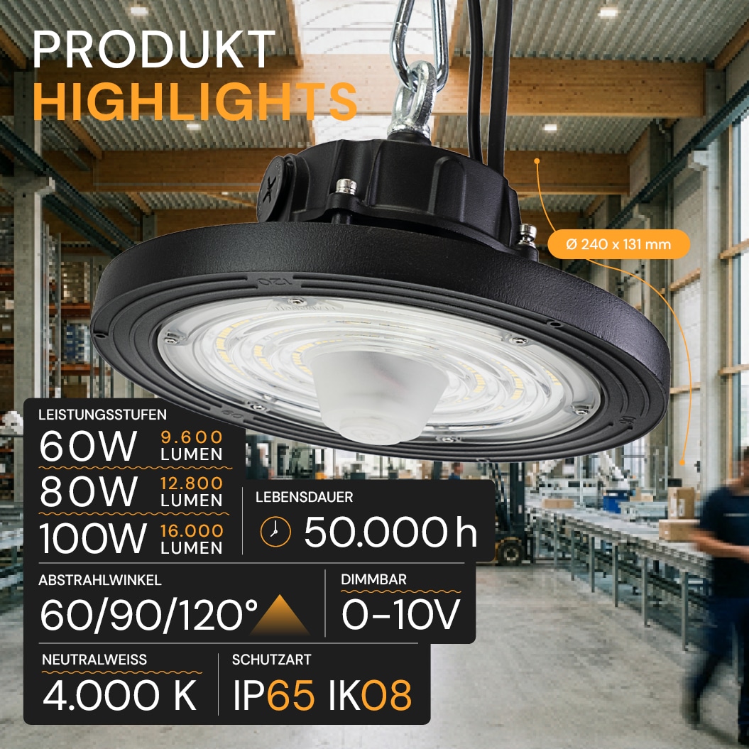 ENOVALITE LED-HighBay-Leuchte, UFO, 60...100 W, 4000 K, EEK: C, 9600...16000 lm, dimmbar, IP65, schwarz