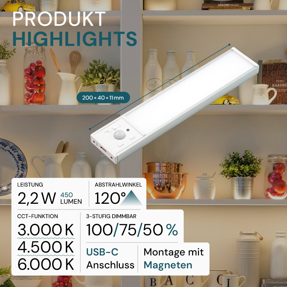 LUXULA LED-Schrankleuchte mit Bewegungsmelder, 2,2W, 450lm, CCT, IP20, dimmbar, silber, 20cm
