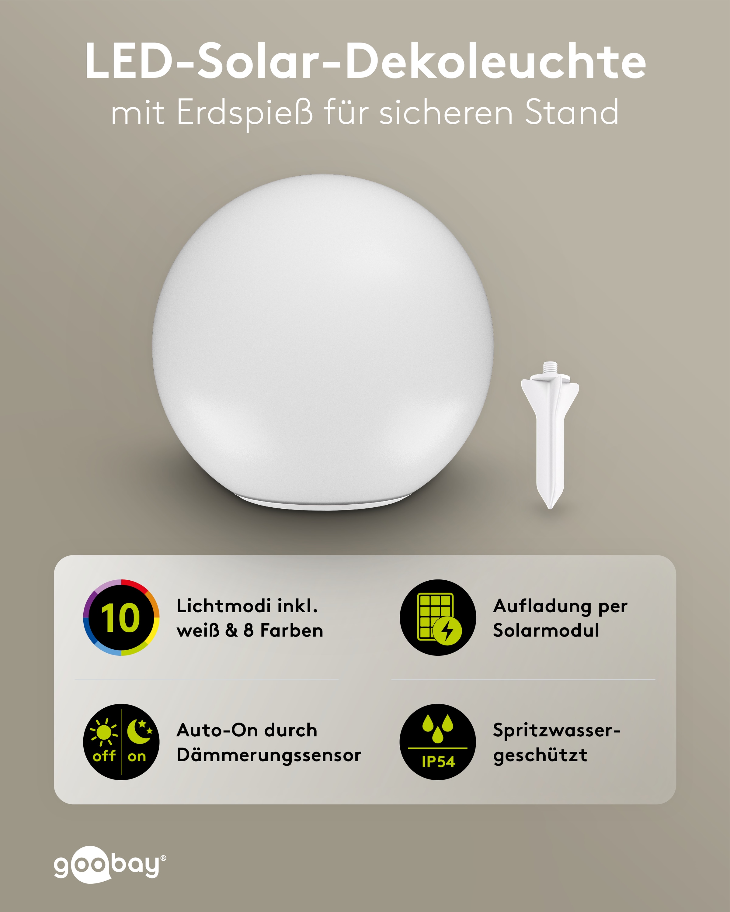 GOOBAY LED-Solar-Gartenleuchte, 35 cm, Kugel, Größe XL, RGBW GOOBAY LED-Solar-Gartenleuchte, 35 cm, Kugel, Größe XL, RGBW