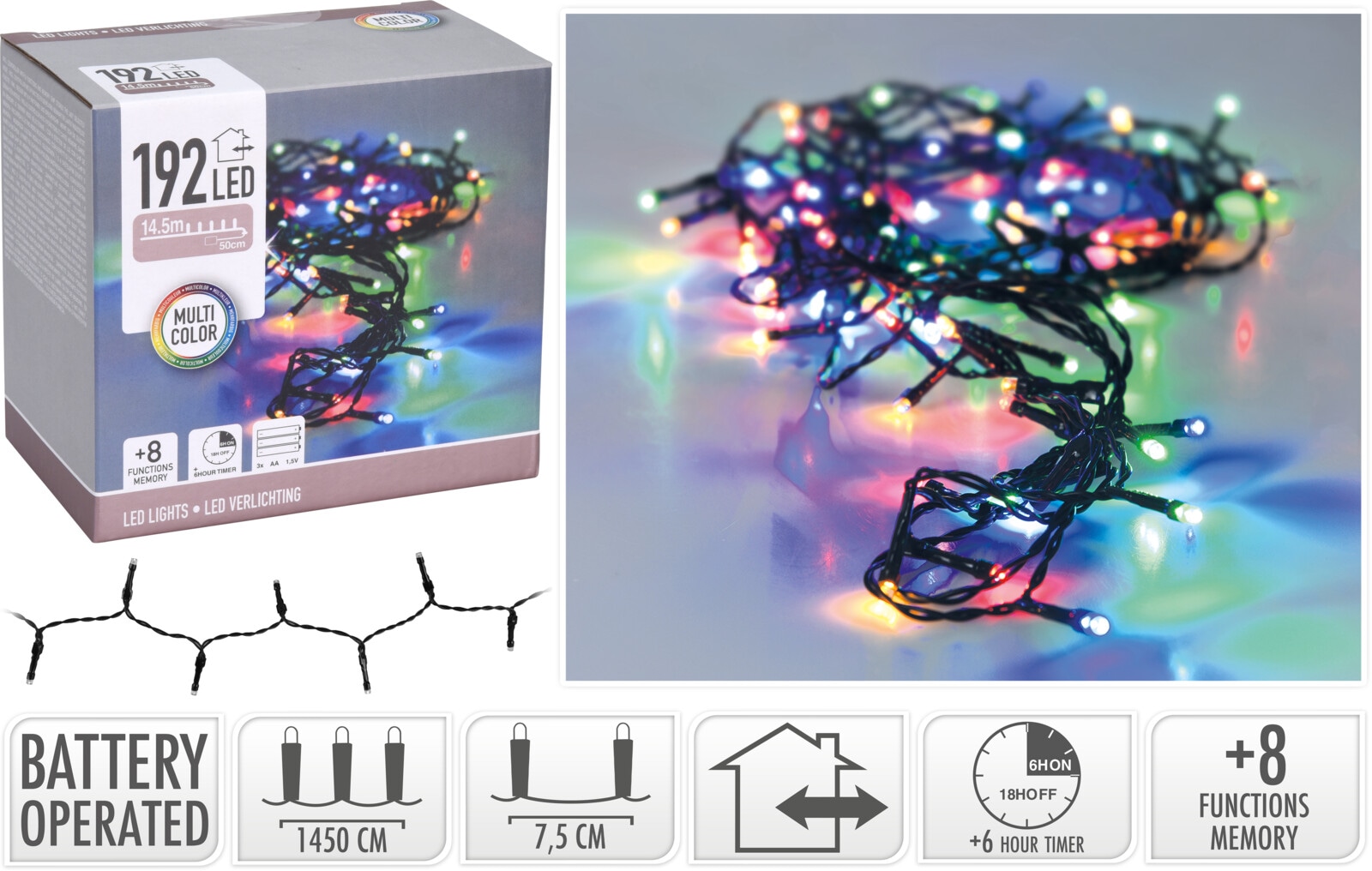 LED-Lichterkette bunt, 192 LEDs, schwarzes Kabel, Innen/Außen, 15m LED-Lichterkette bunt, 192 LEDs, schwarzes Kabel, Innen/Außen, 15m