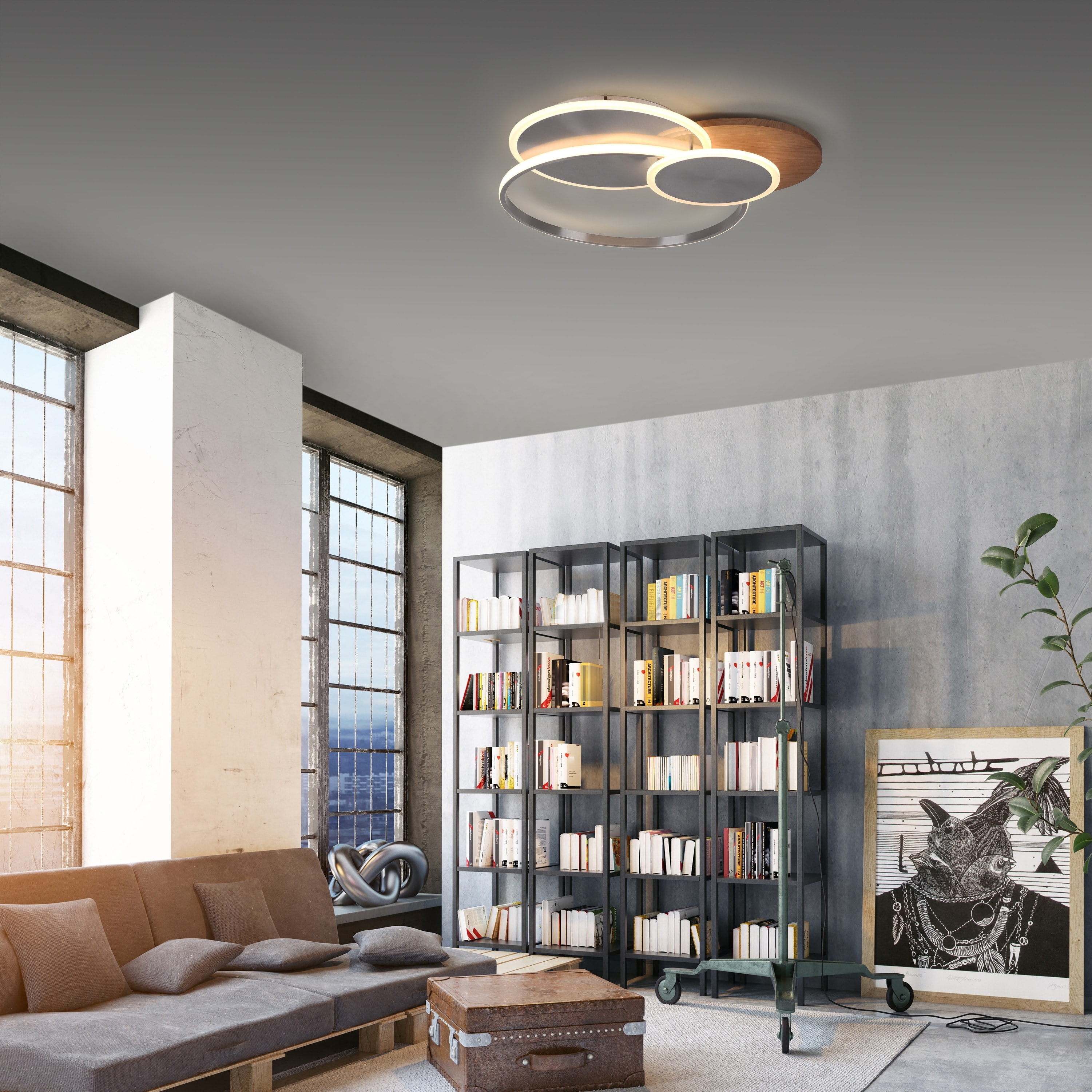 PAUL NEUHAUS LED-Deckenleuchte 8329-79 Silber-Holzdekor, 50 W, 6000 lm, CCT