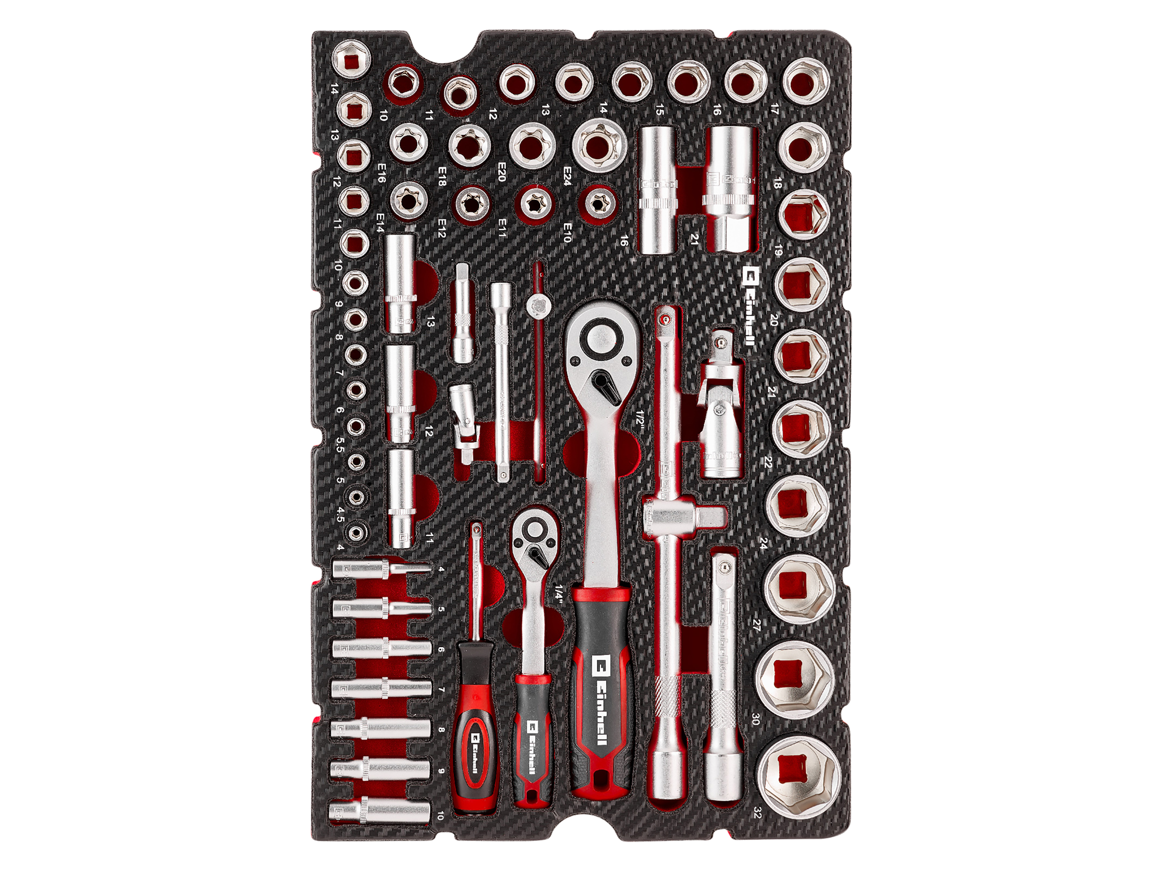 EINHELL E-Case-Einleger Stecknüsse und Ratschen, 370520, 60-teilig