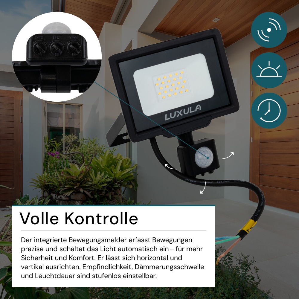 LUXULA LED-Fluter mit Bewegungsmelder, EEK: F, 20W, 2000lm, 3000K, schwarz