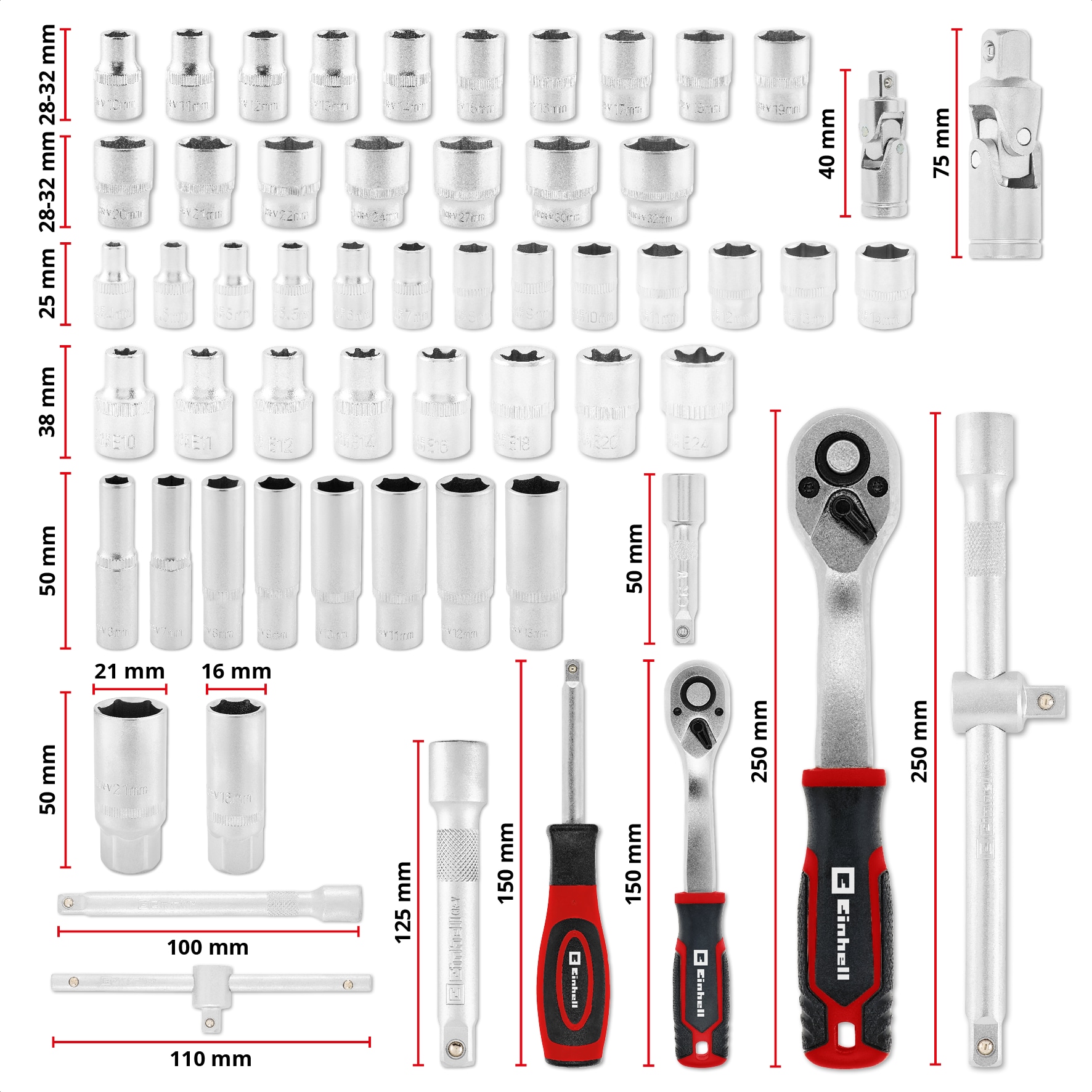 EINHELL E-Case-Einleger Stecknüsse und Ratschen, 370520, 60-teilig