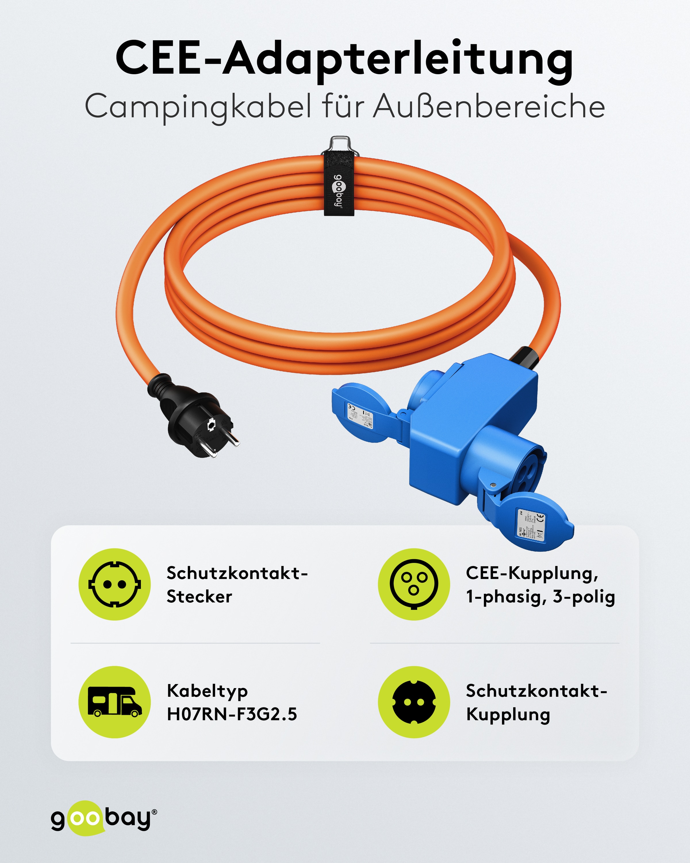 GOOBAY CEE-Adapterkabel 76222, 1,5 m, Schutzkontakt Stecker zu CEE-+ SK.-Kupplung