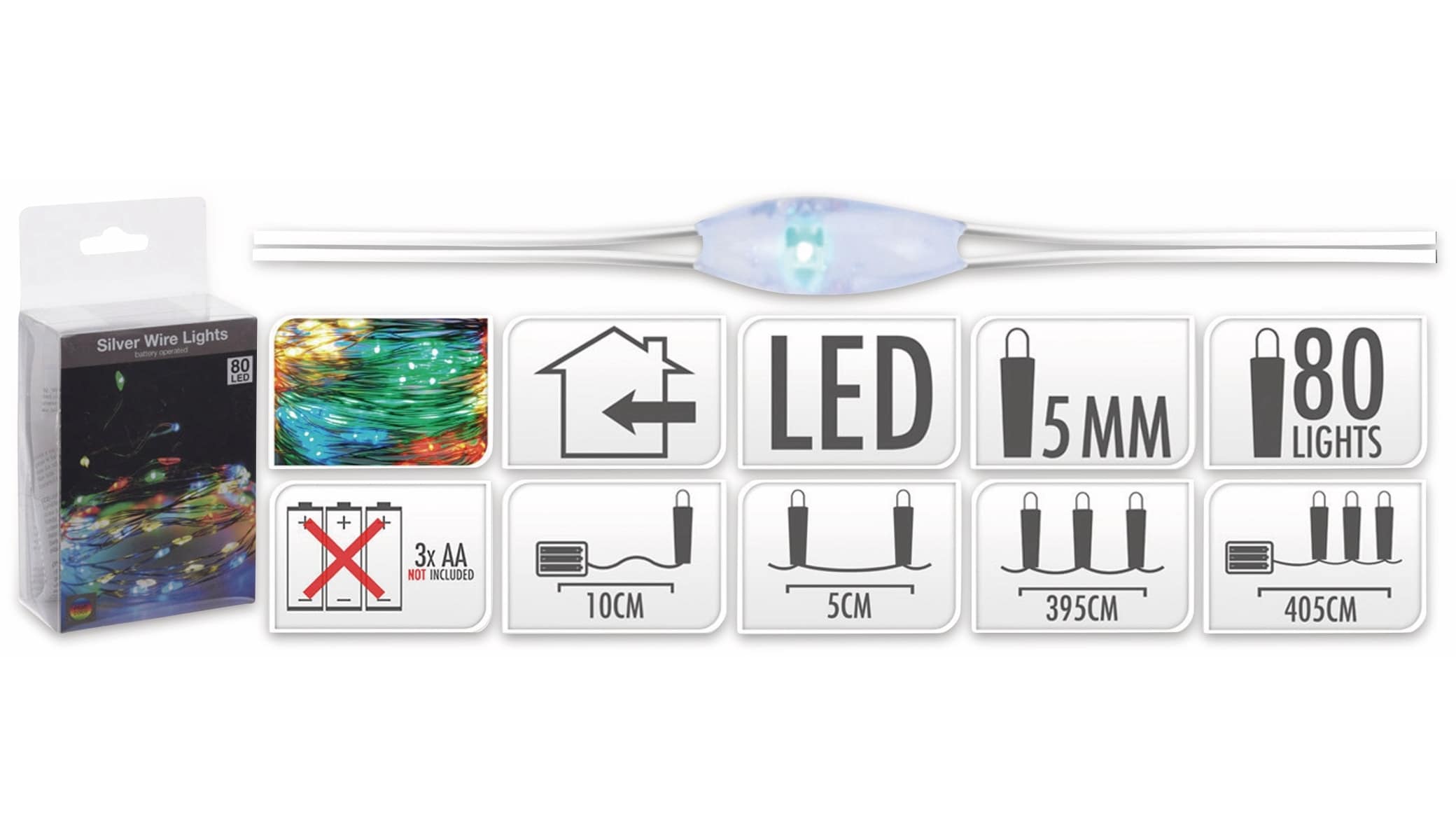 LED-Lichterkette, Silberdraht, 80 LEDs, bunt, Batteriebetrieb LED-Lichterkette, Silberdraht, 80 LEDs, bunt, Batteriebetrieb