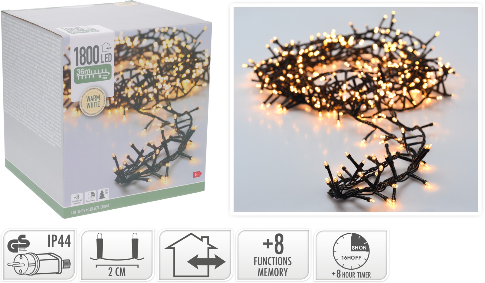 LED-Clusterlichterkette warmweiß, 1800 LEDs, Grünes Kabel, Innen/Außen, 39m KOOPMAN LED-Clusterlichterkette warmweiß, 1800 LEDs, Grünes Kabel, Innen/Außen, 39m