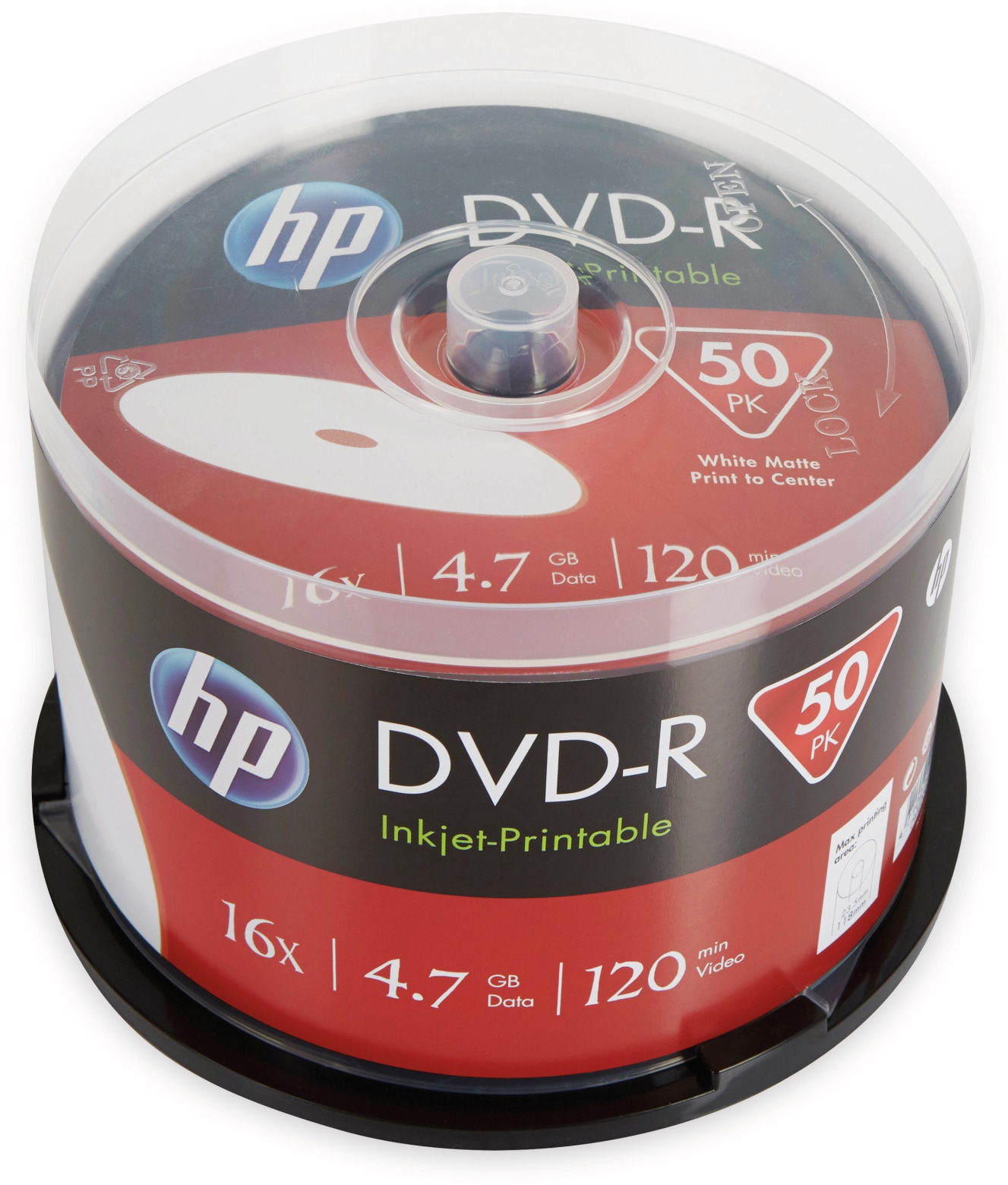 HP DVD-R 4.7GB, 120Min, 16x, Cakebox, 50 CDs, bedruckbar
