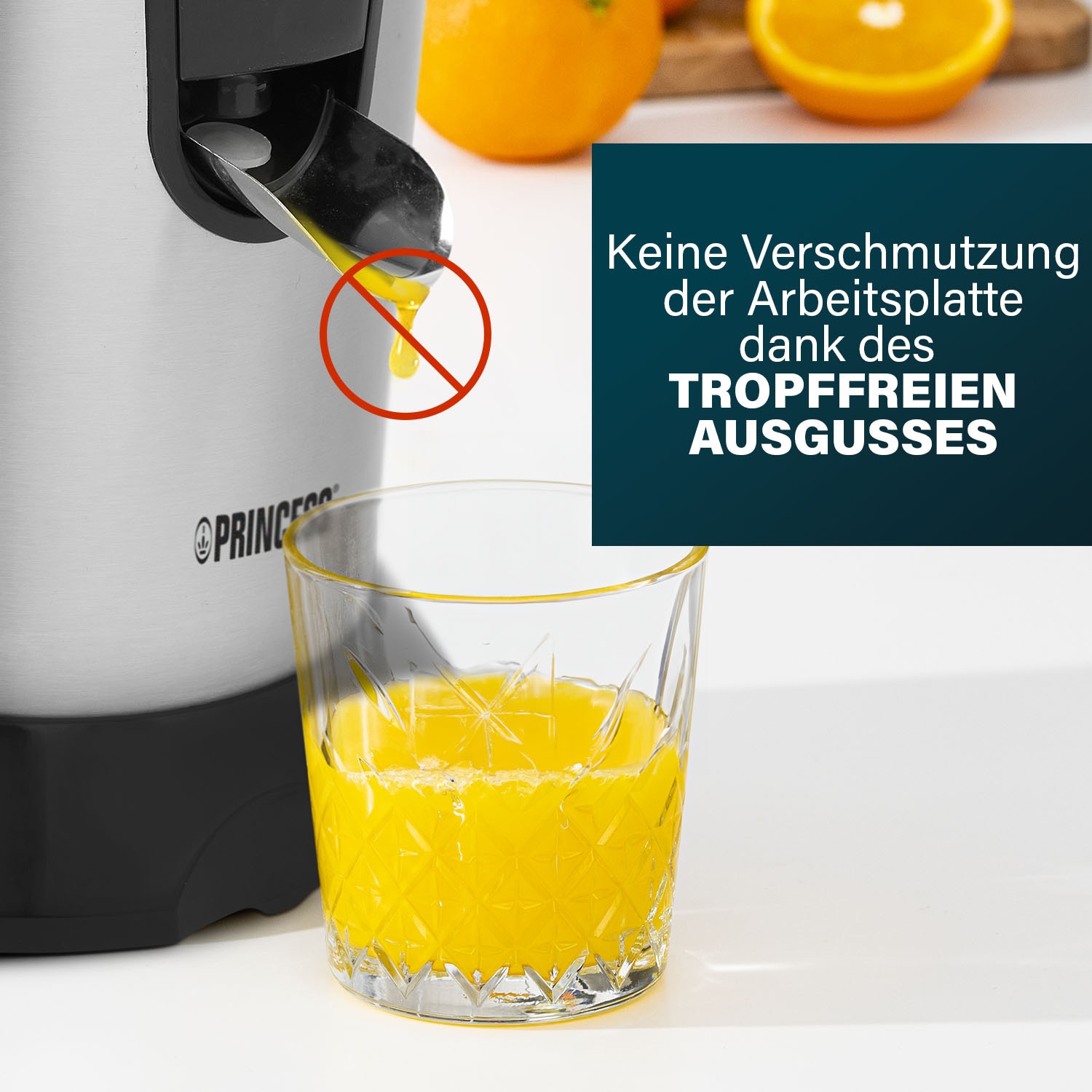 PRINCESS Edelstahl-Zitrusfruchtpresse, 2 Presskegel, mit Filter, 100 W
