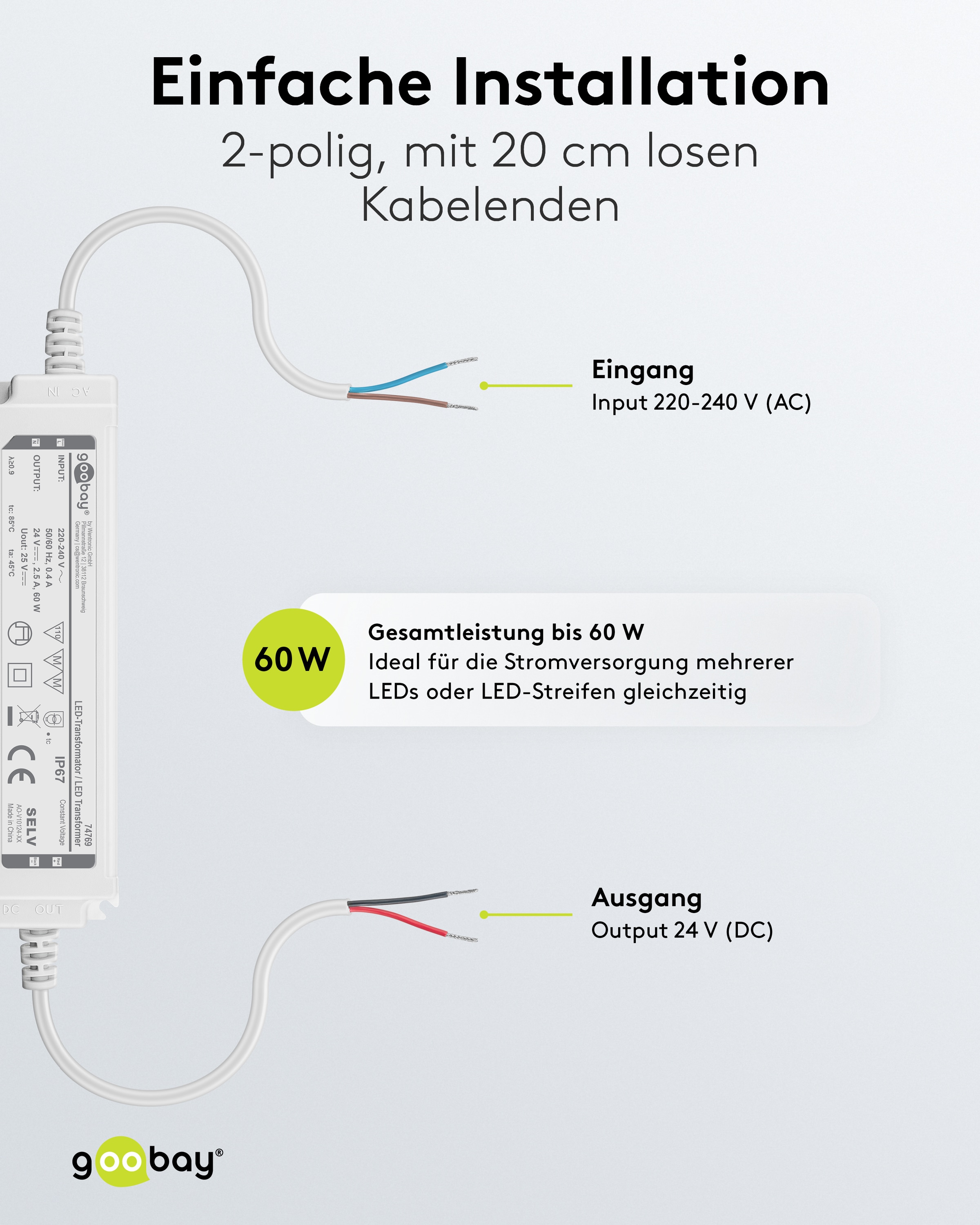 Wetterfester LED-Trafo GOOBAY 24V DC, 60W, 4.16 A, IP67