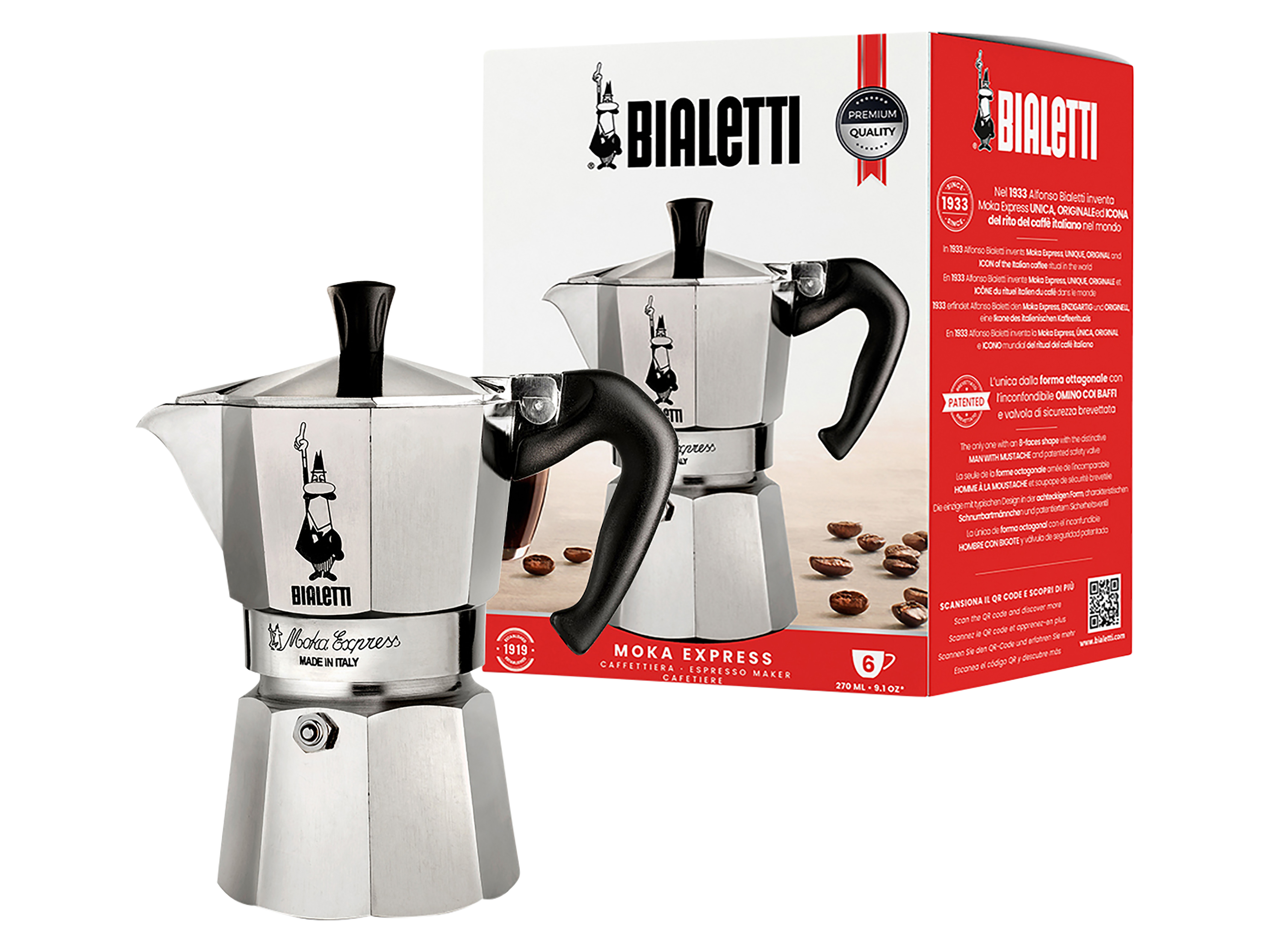BIALETTI Espressokocher, 6 Tassen, für die Herdplatte, Alu, 270 ml, silber
