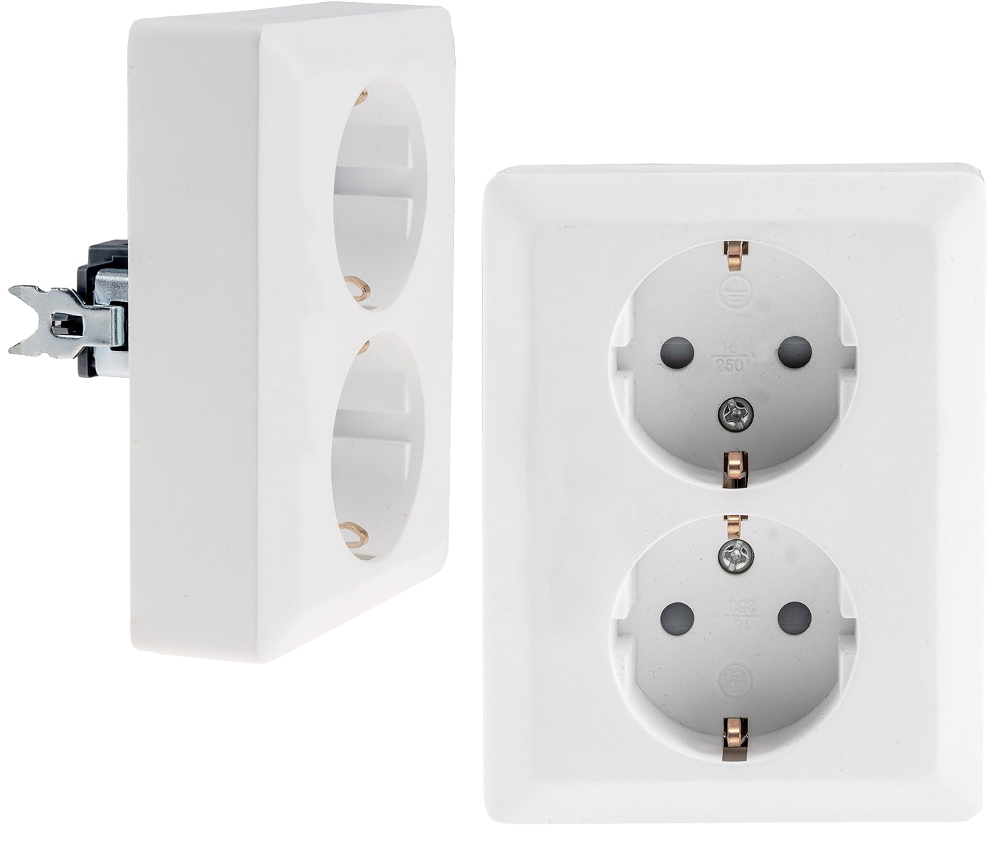 MILOS Schutzkontakt-Steckdose 23717, 2-fach, 2in1, 16A/250V, UP, weiß MILOS Schutzkontakt-Steckdose 23717, 2-fach, 2in1, 16A/250V, UP, weiß