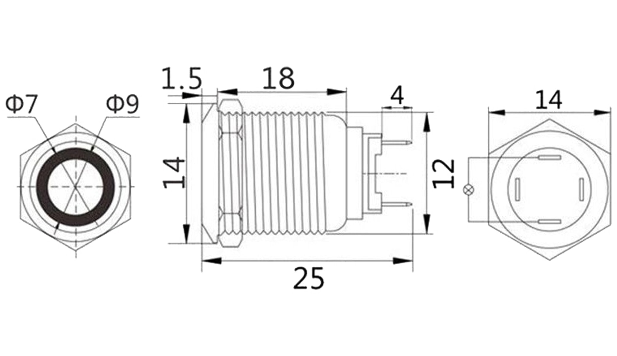 LED-Druckschalter, Ringbeleuchtung rot 12 V, Ø12 mm, 2 A/48 V