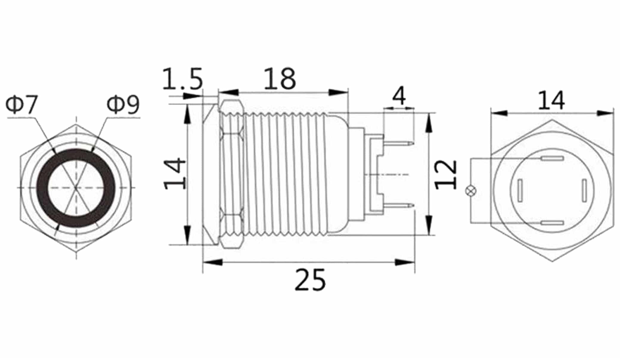 LED-Druckschalter, Ringbeleuchtung rot 12 V, Ø12 mm, 2 A/48 V LED-Druckschalter, Ringbeleuchtung rot 12 V, Ø12 mm, 2 A/48 V