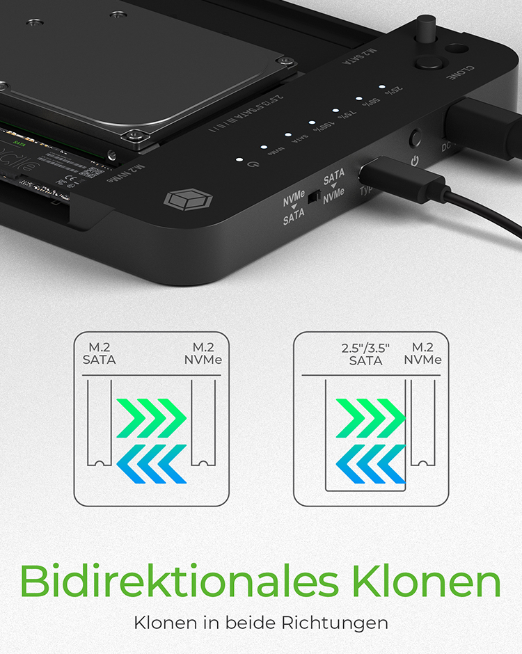 ICY BOX CloneStation & DockingStation IB-2915MSCL-C31 M.2 NVME & SATA 2.5''/3.5'' SSD/HDD