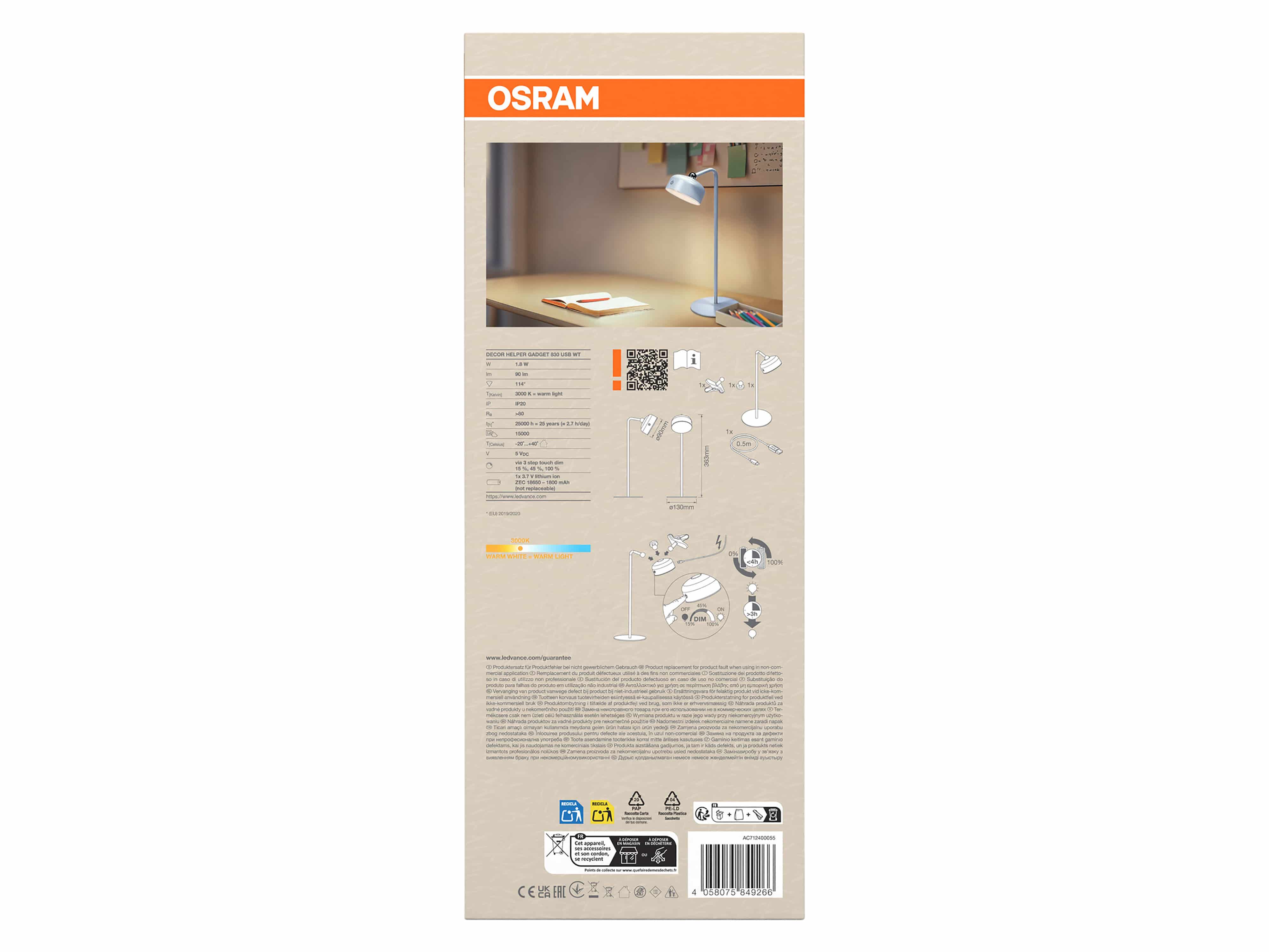 OSRAM LED-Tischleuchte, 1,8W, 3000K, 140lm, warmweiß, Dimmbar, IP20, weiß OSRAM LED-Tischleuchte, 1,8W, 3000K, 140lm, warmweiß, Dimmbar, IP20, weiß