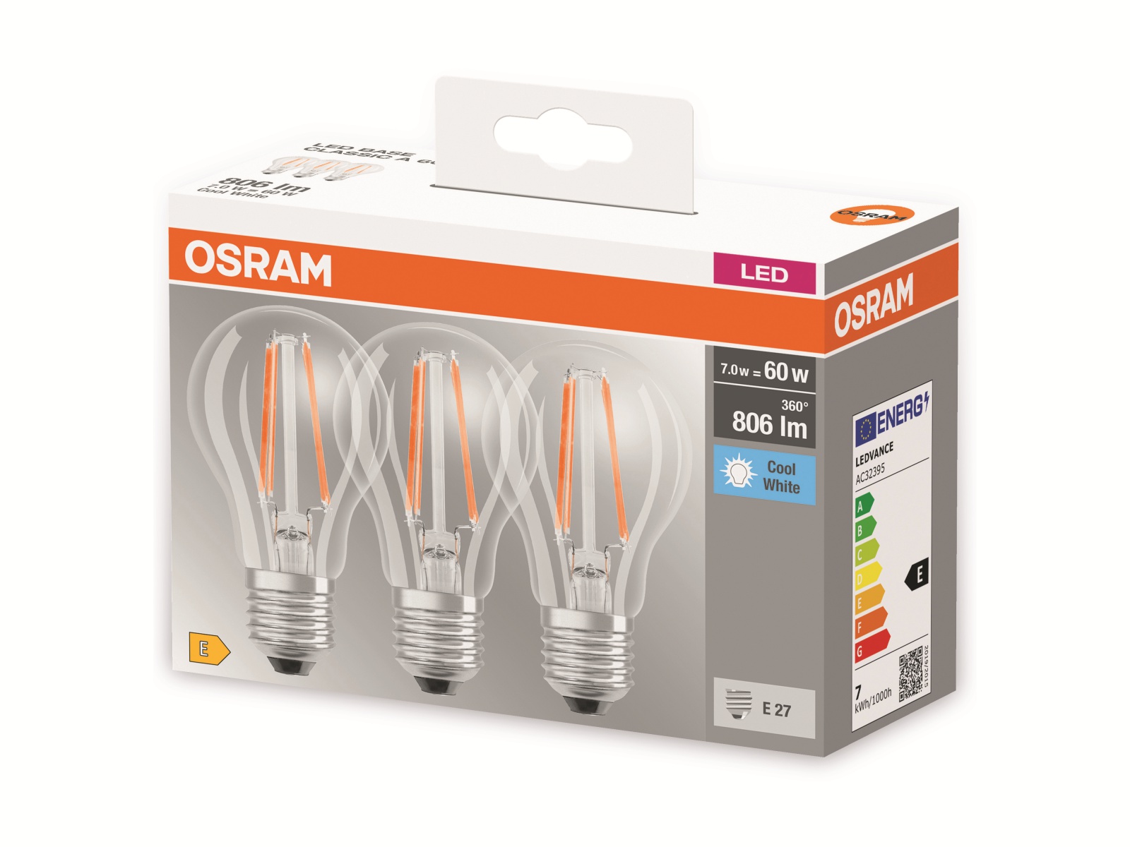 OSRAM LED-Lampe BASE CLASSIC A60, E27, EEK: E, 6,5 W, 806 lm, 4000 K, 3 Stück