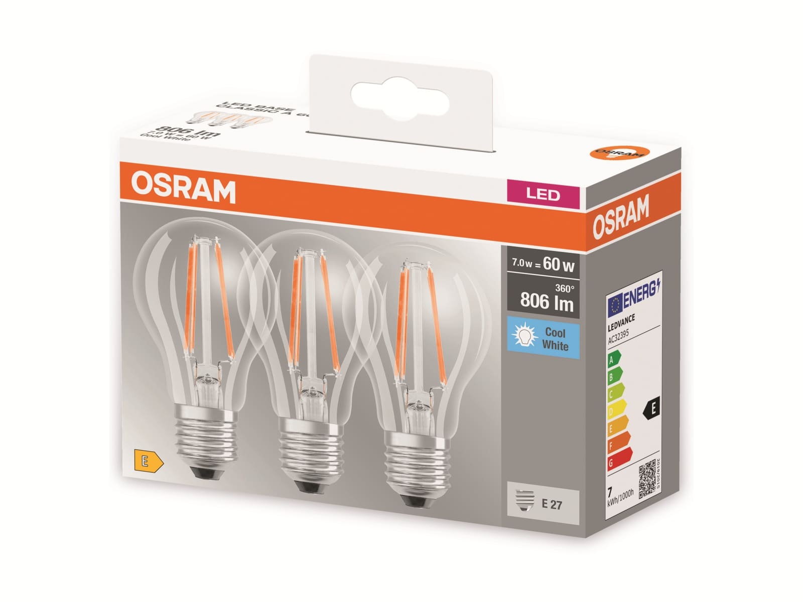 OSRAM LED-Lampe BASE CLASSIC A60, E27, EEK: E, 6,5 W, 806 lm, 4000 K, 3 Stück