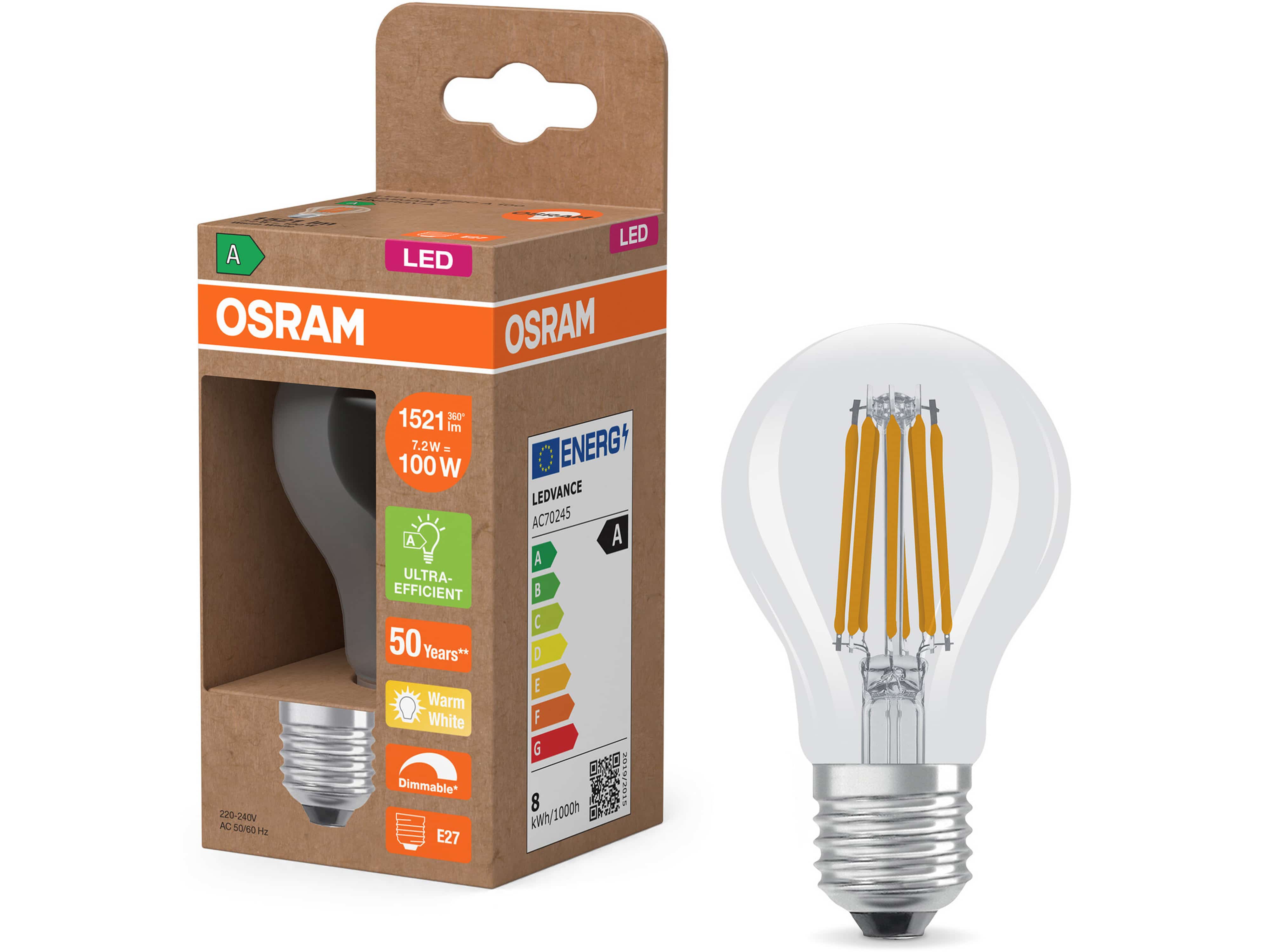 OSRAM LED-Lampe Classic, dimmbar, E27, 7,2 W, 2700 K, EEK: A, 1521 lm, warmweiß