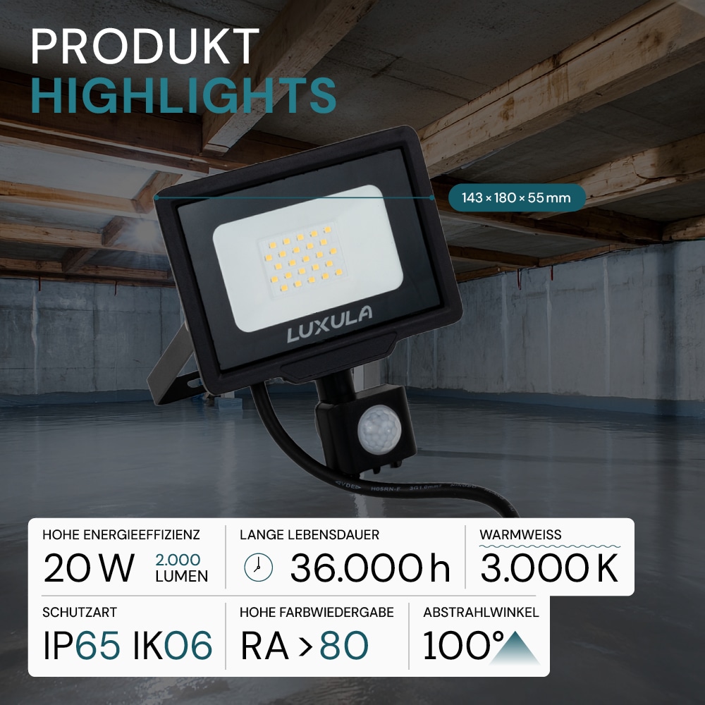 LUXULA LED-Fluter mit Bewegungsmelder, EEK: F, 20W, 2000lm, 3000K, schwarz LUXULA LED-Fluter mit Bewegungsmelder, EEK: F, 20W, 2000lm, 3000K, schwarz