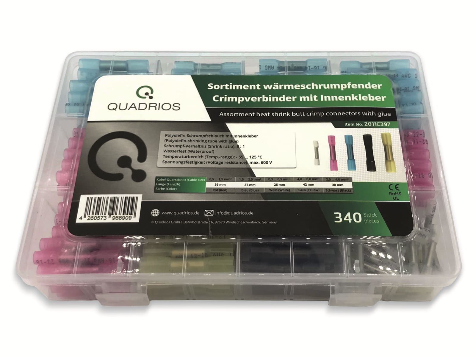 QUADRIOS, 2011C397, Schrumpf-Stoßverbinder-Sortiment 340 tlg. - 3:1 -mit Innenkleber QUADRIOS, 2011C397, Schrumpf-Stoßverbinder-Sortiment 340 tlg. - 3:1 -mit Innenkleber